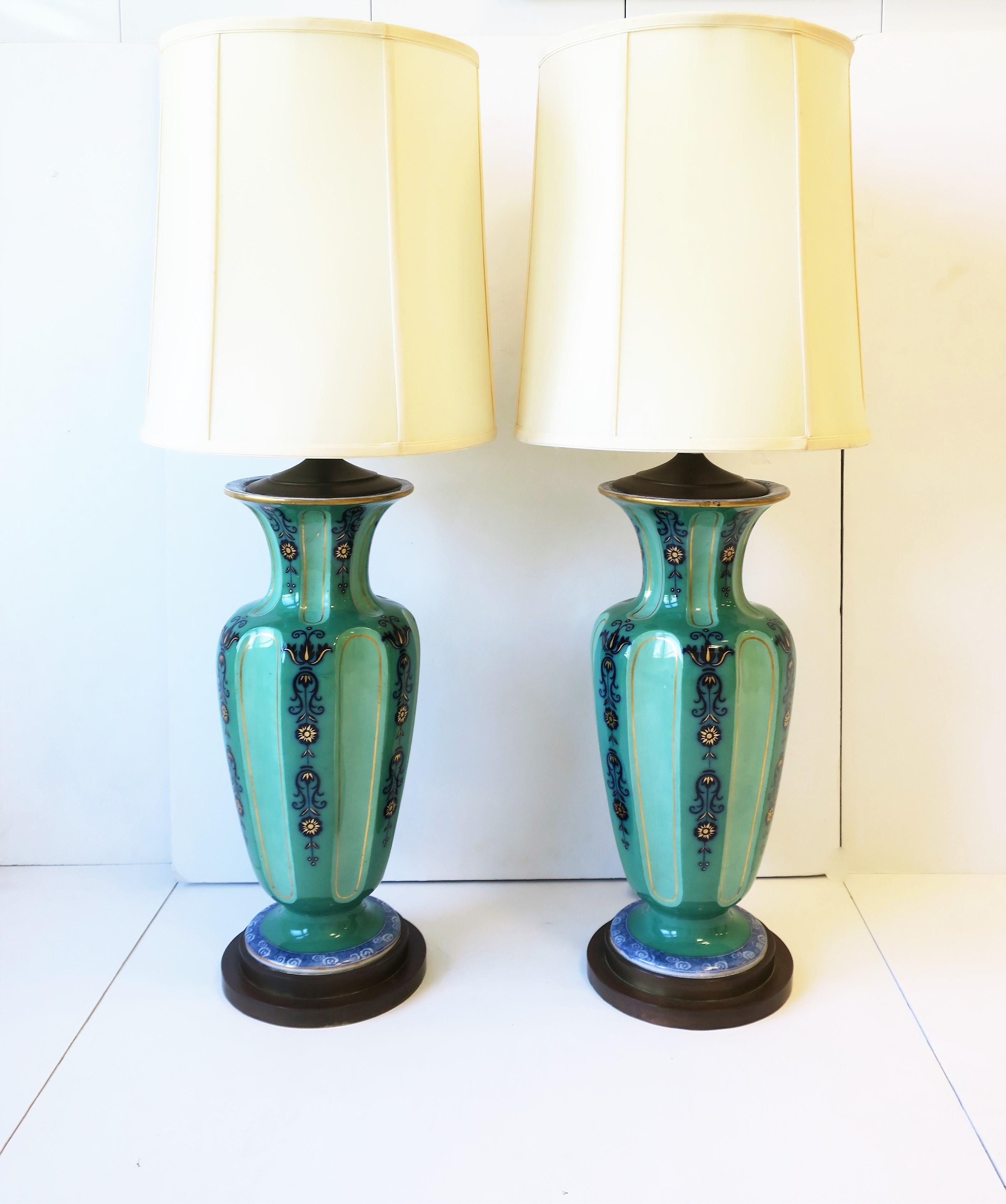 Brass Dutch Blue White Green Porcelain Table Lamps Ginger Jar Style, circa 1930s For Sale