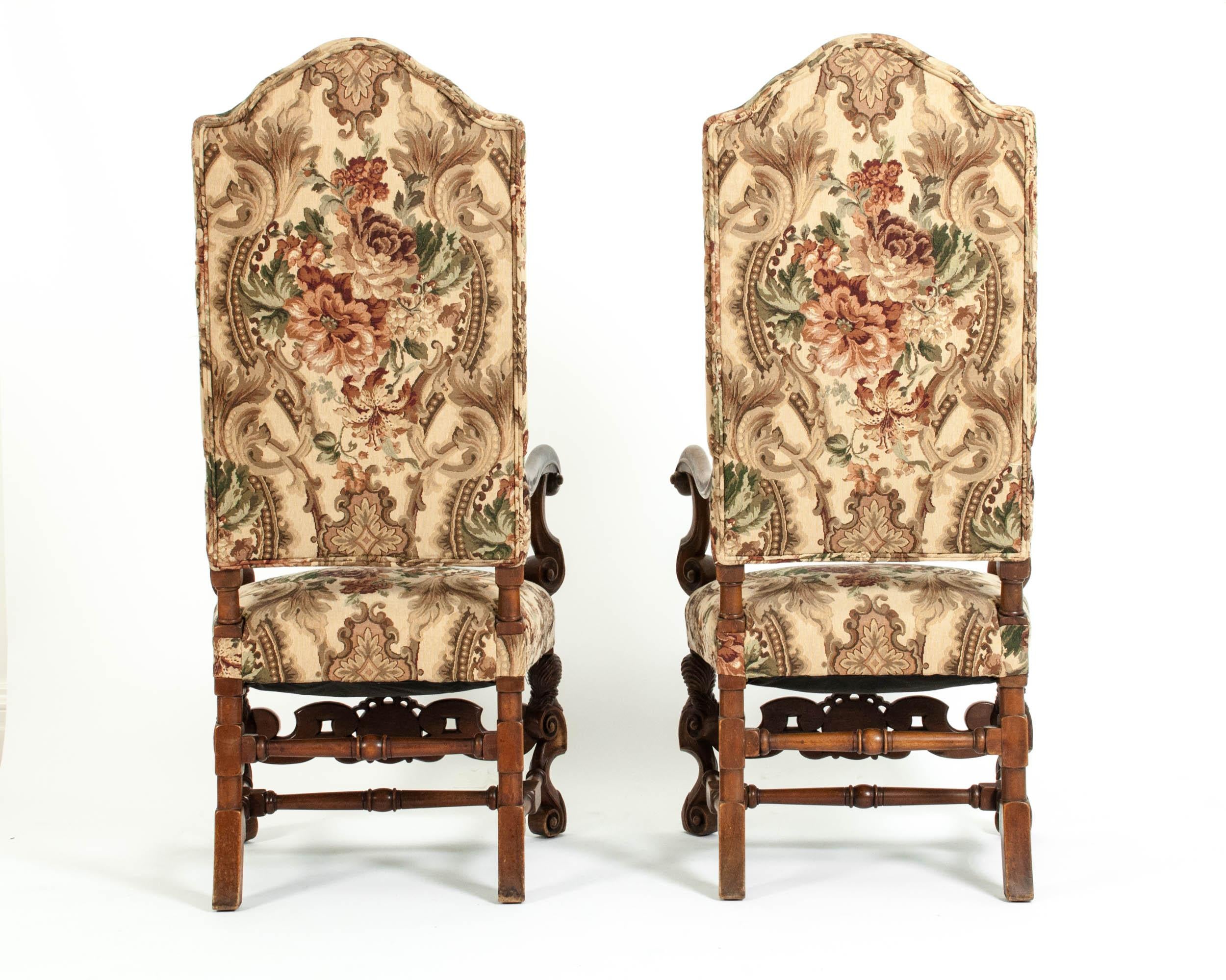 Pair Dutch Hand Carved Walnut Wood High Back Side / Armchairs 4