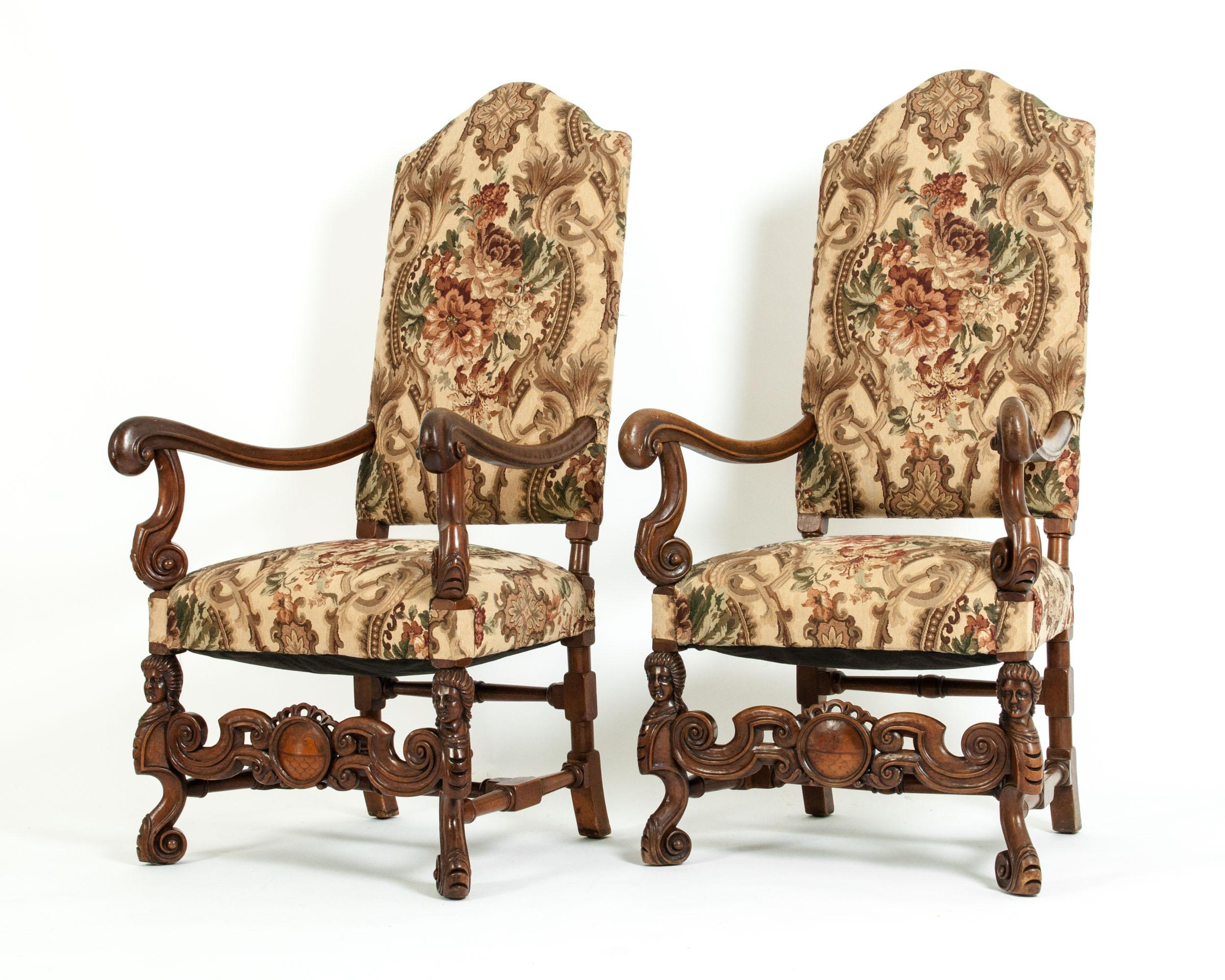Pair Dutch Hand Carved Walnut Wood High Back Side / Armchairs 5