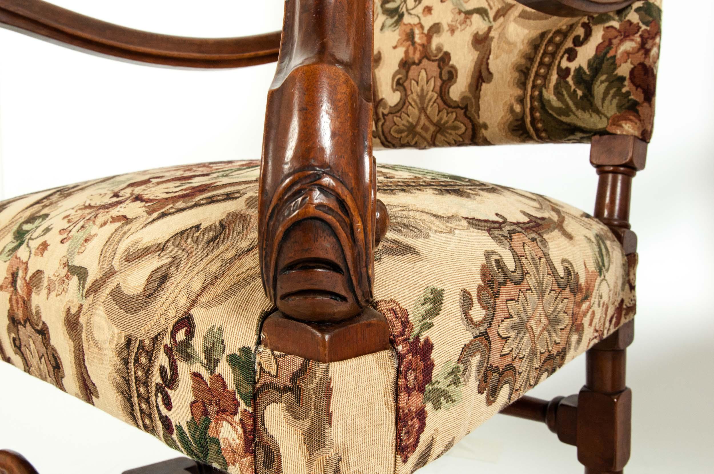 Pair Dutch Hand Carved Walnut Wood High Back Side / Armchairs In Good Condition In Tarry Town, NY