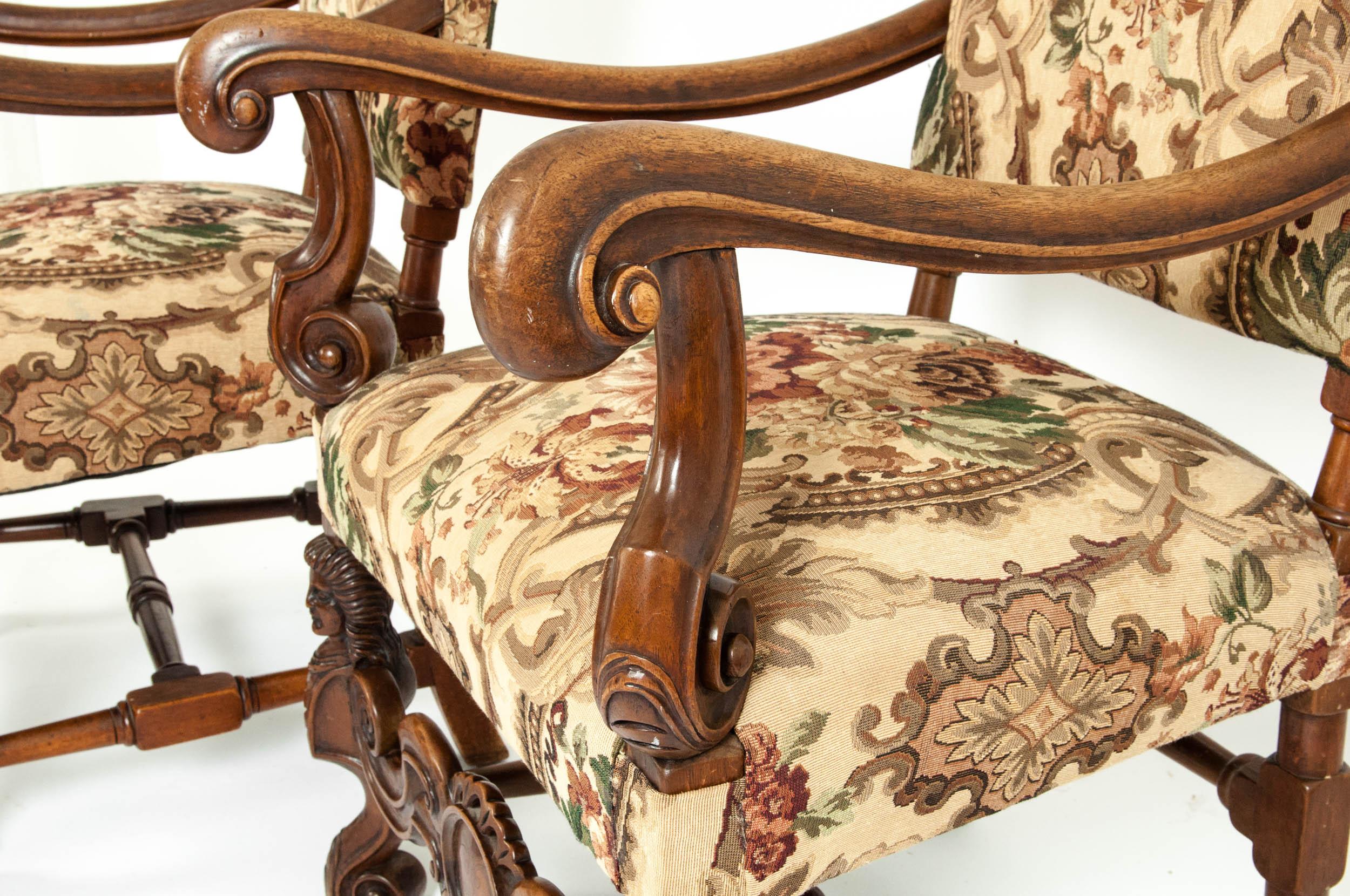 Pair Dutch Hand Carved Walnut Wood High Back Side / Armchairs 2