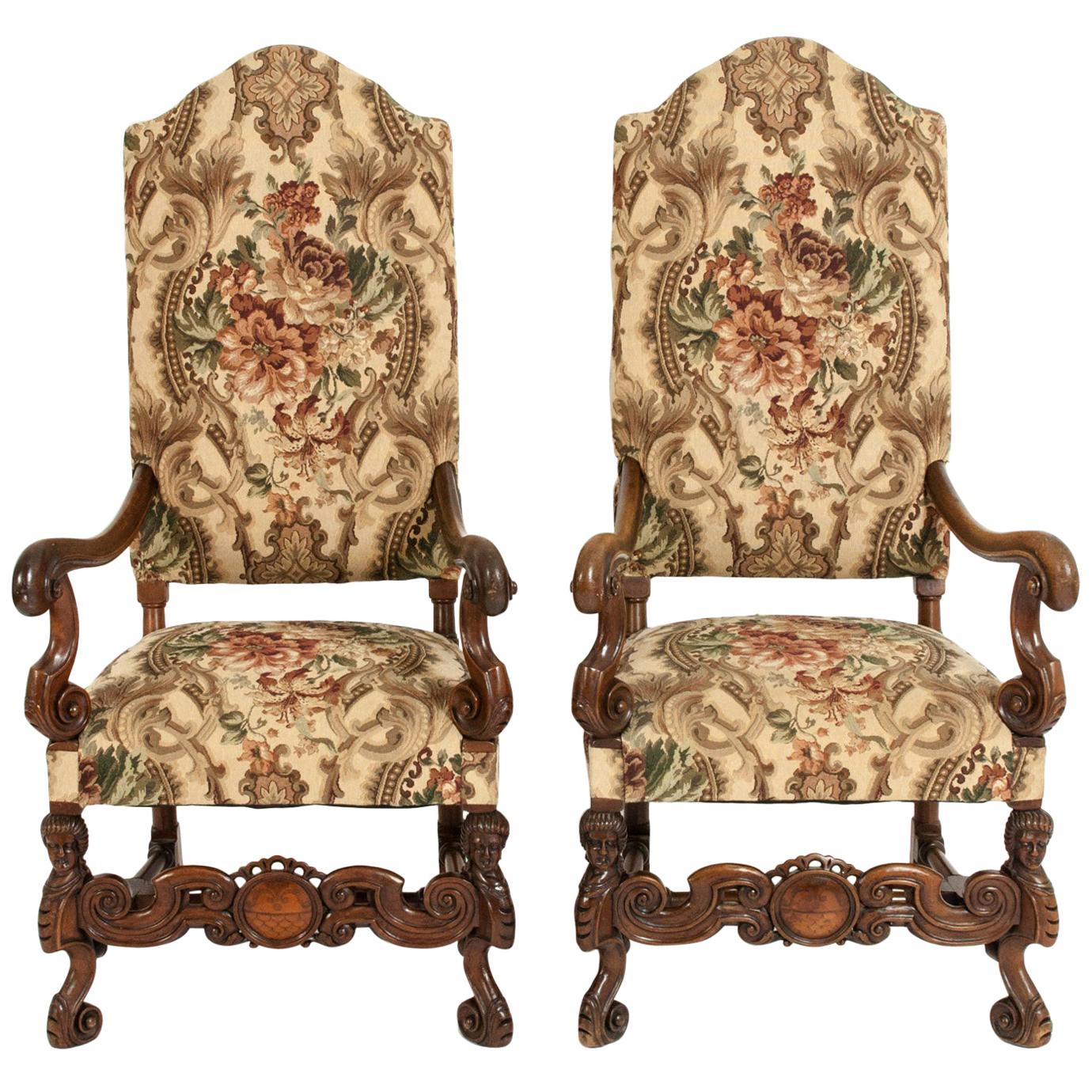 Pair Dutch Hand Carved Walnut Wood High Back Side / Armchairs
