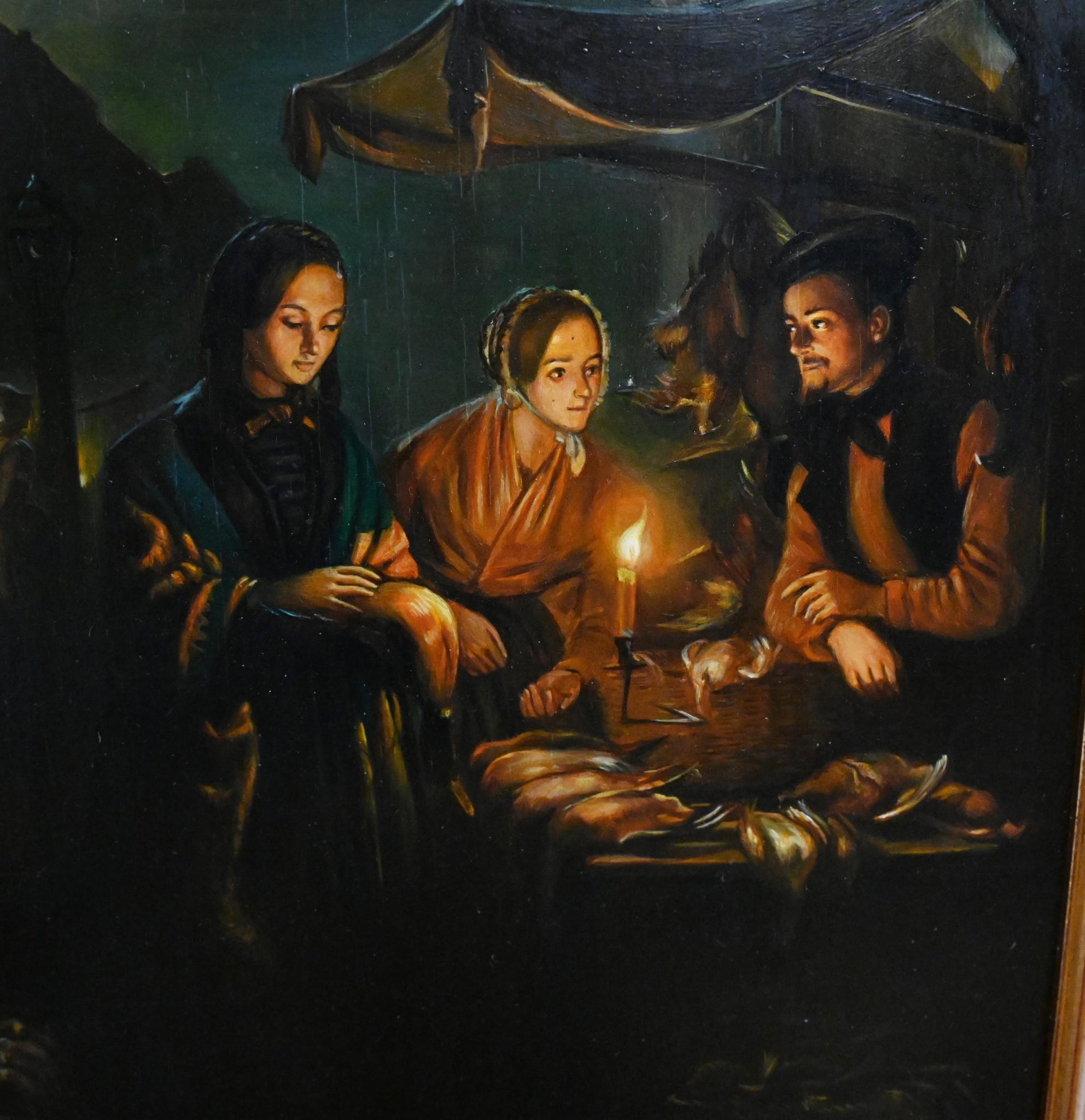 Pair Dutch Oil Painting Portraits Night Market Signed R Van Molen For Sale 7