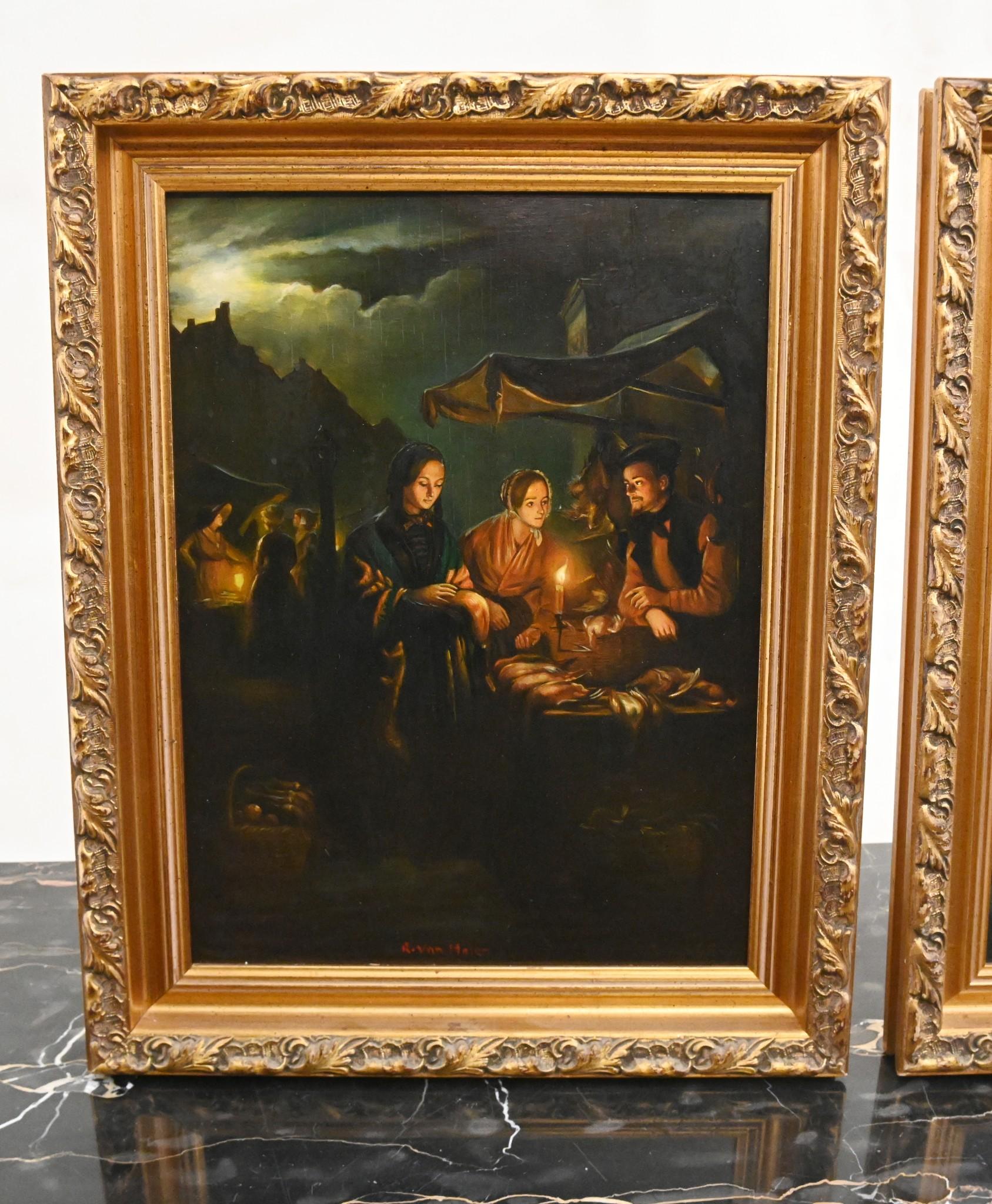 You are viewing a gorgeous pair of Dutch oil paintings signed R Van Molen
Each depicts a night market scene in great detail
So intricate the brushwork is very detailed
Features the use of chiaroscuro in its treatment of light and shade in drawing