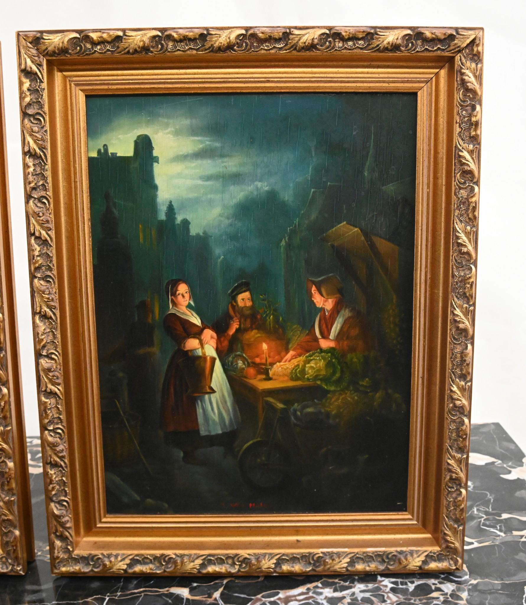 Pair Dutch Oil Painting Portraits Night Market Signed R Van Molen For Sale 4