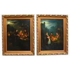Paire de portraits à l'huile hollandais du marché du soir signé R Van Molen