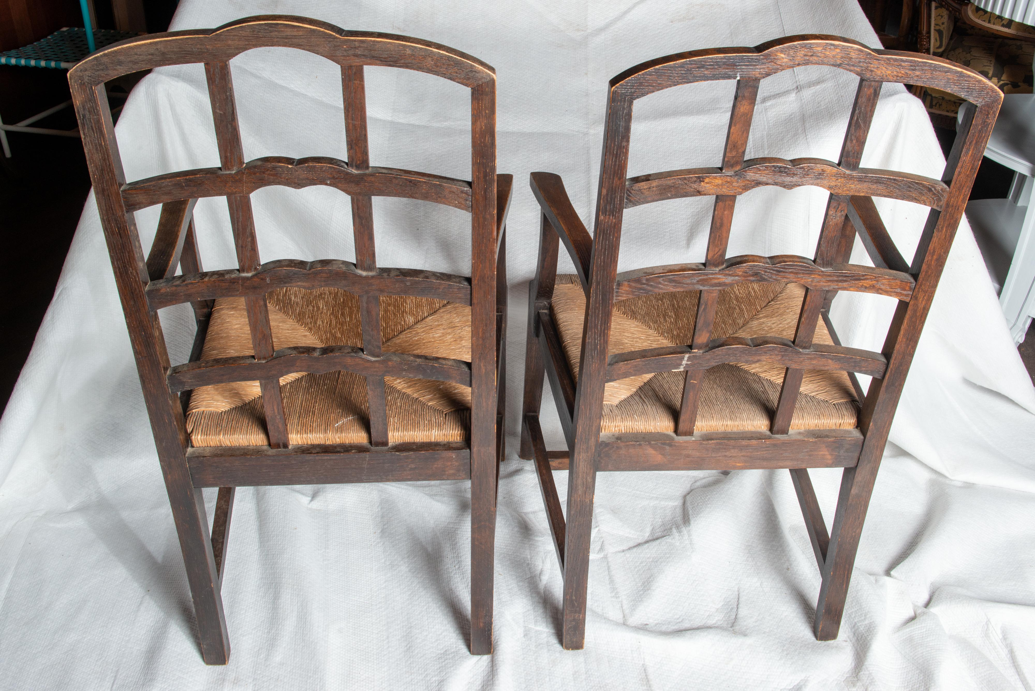 Pair Dutch Rush Seat Wood Arm Chairs For Sale 8