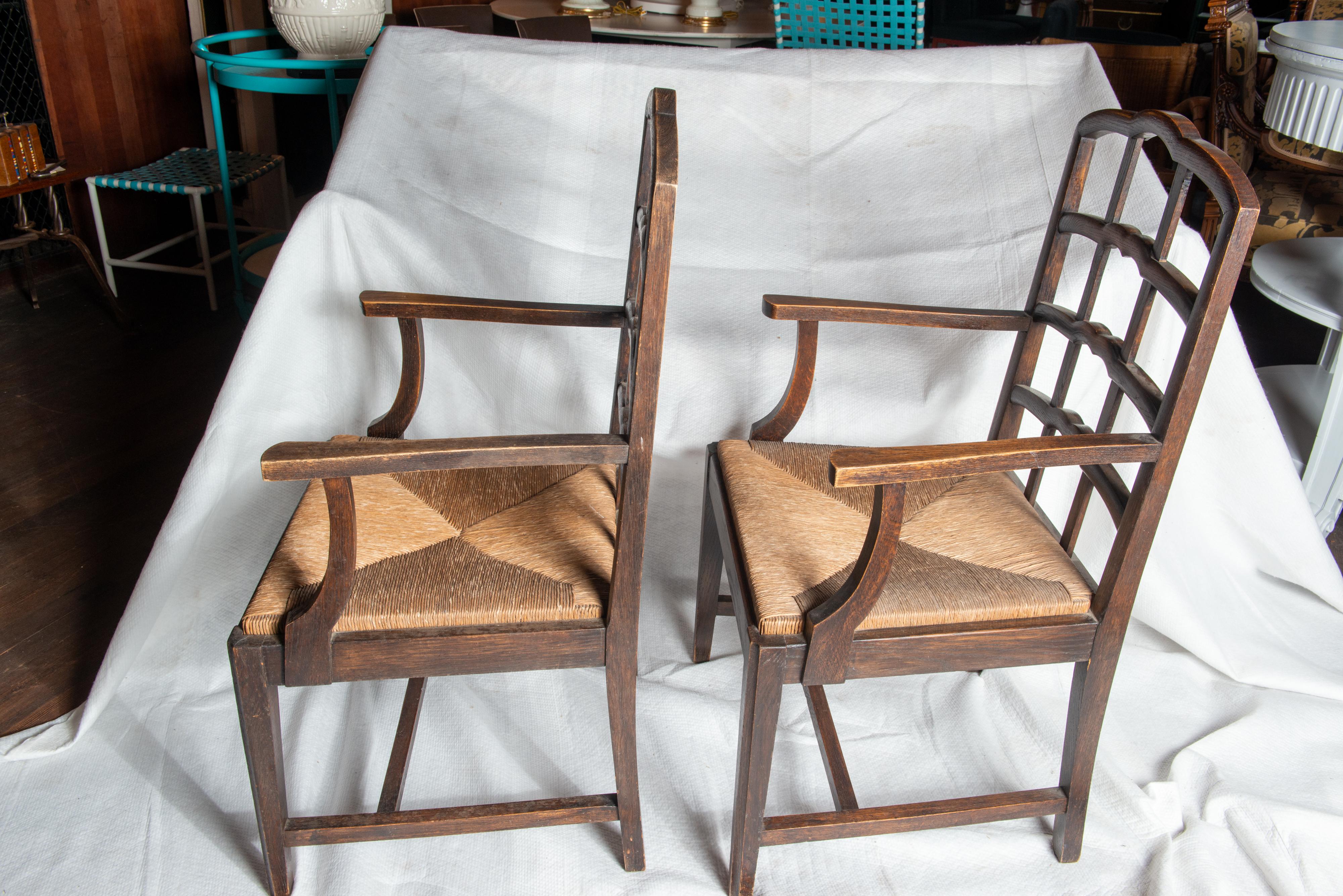 Pair Dutch Rush Seat Wood Arm Chairs For Sale 9