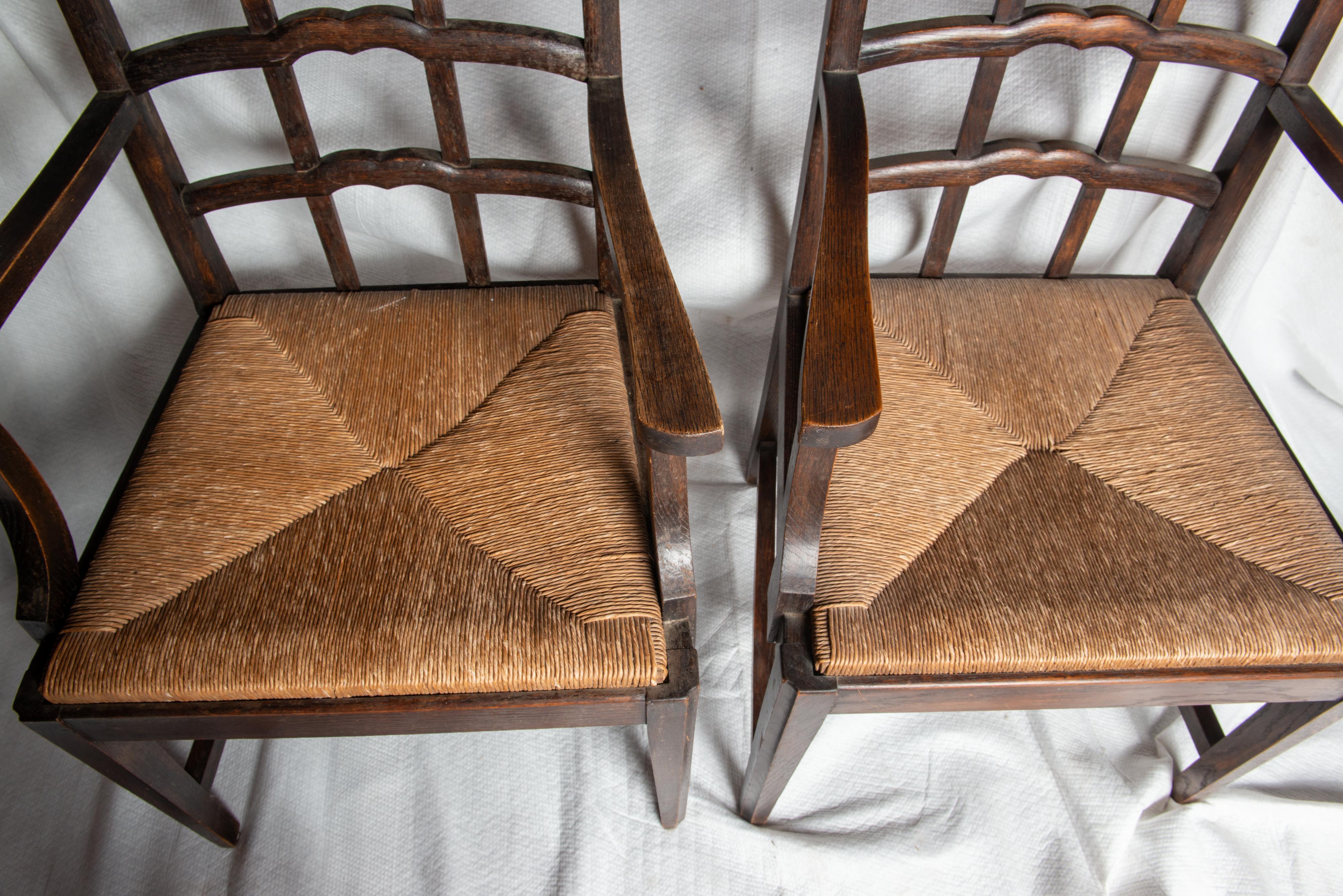 Pair Dutch Rush Seat Wood Arm Chairs In Good Condition For Sale In Stamford, CT