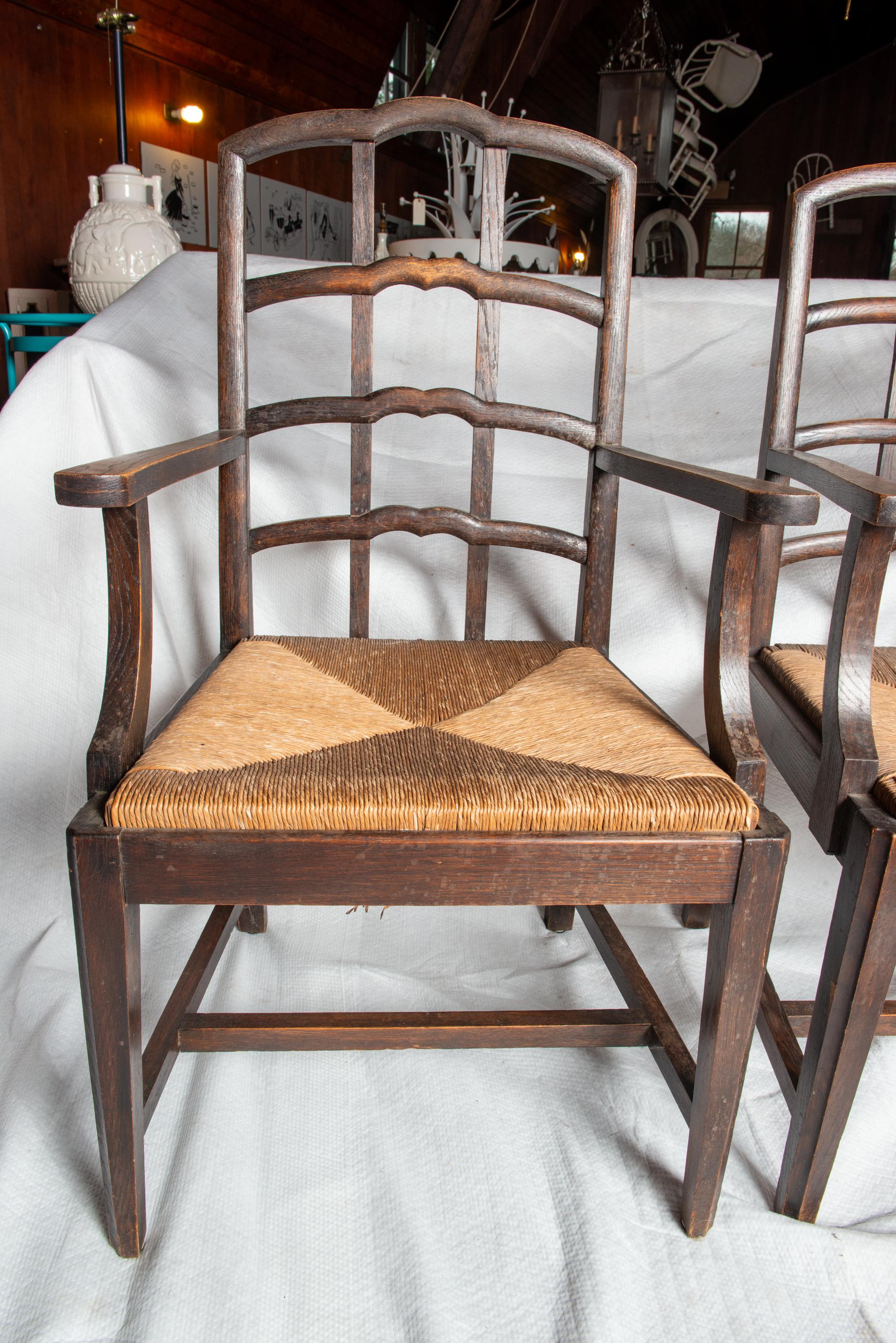 Early 20th Century Pair Dutch Rush Seat Wood Arm Chairs For Sale