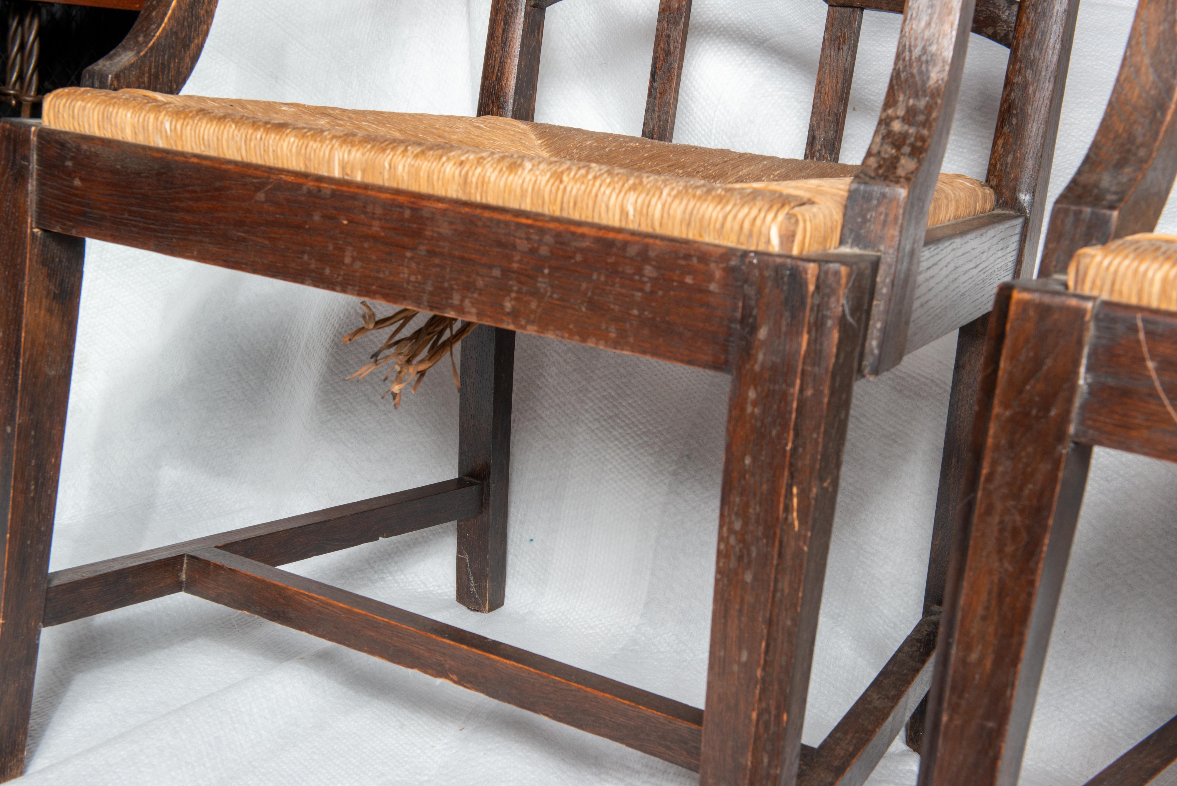 Pair Dutch Rush Seat Wood Arm Chairs For Sale 2