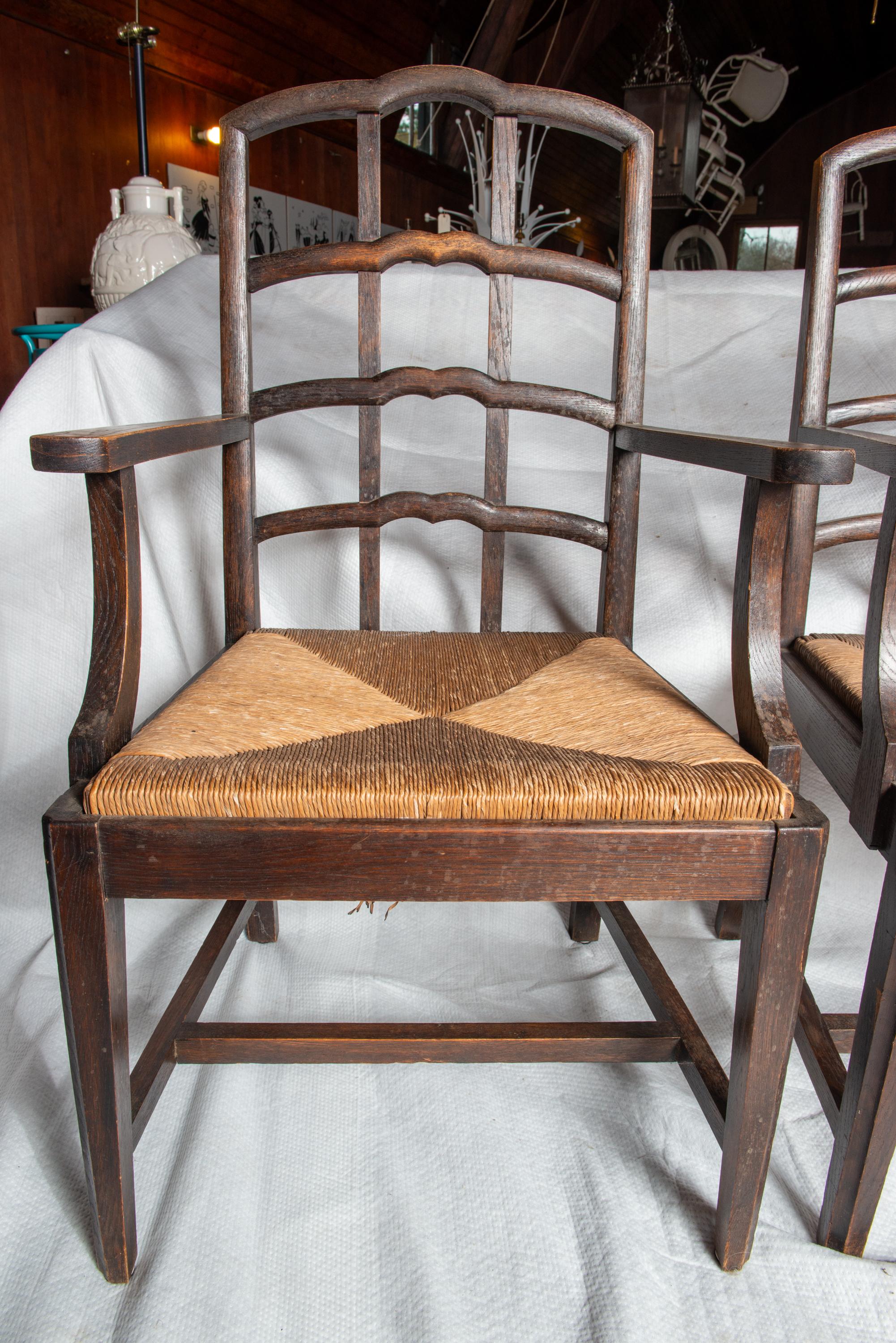 Pair Dutch Rush Seat Wood Arm Chairs For Sale 4