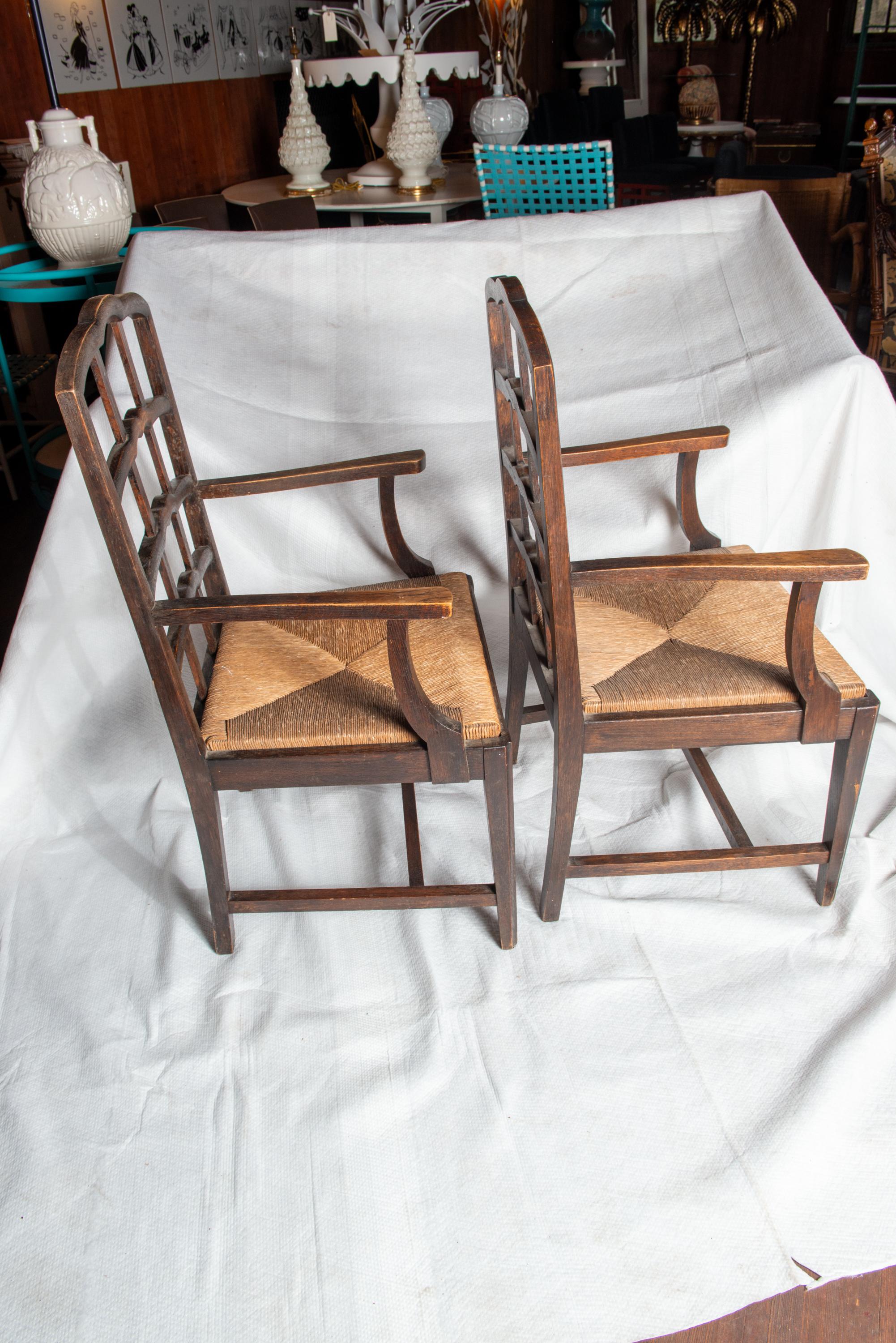 Pair Dutch Rush Seat Wood Arm Chairs For Sale 5