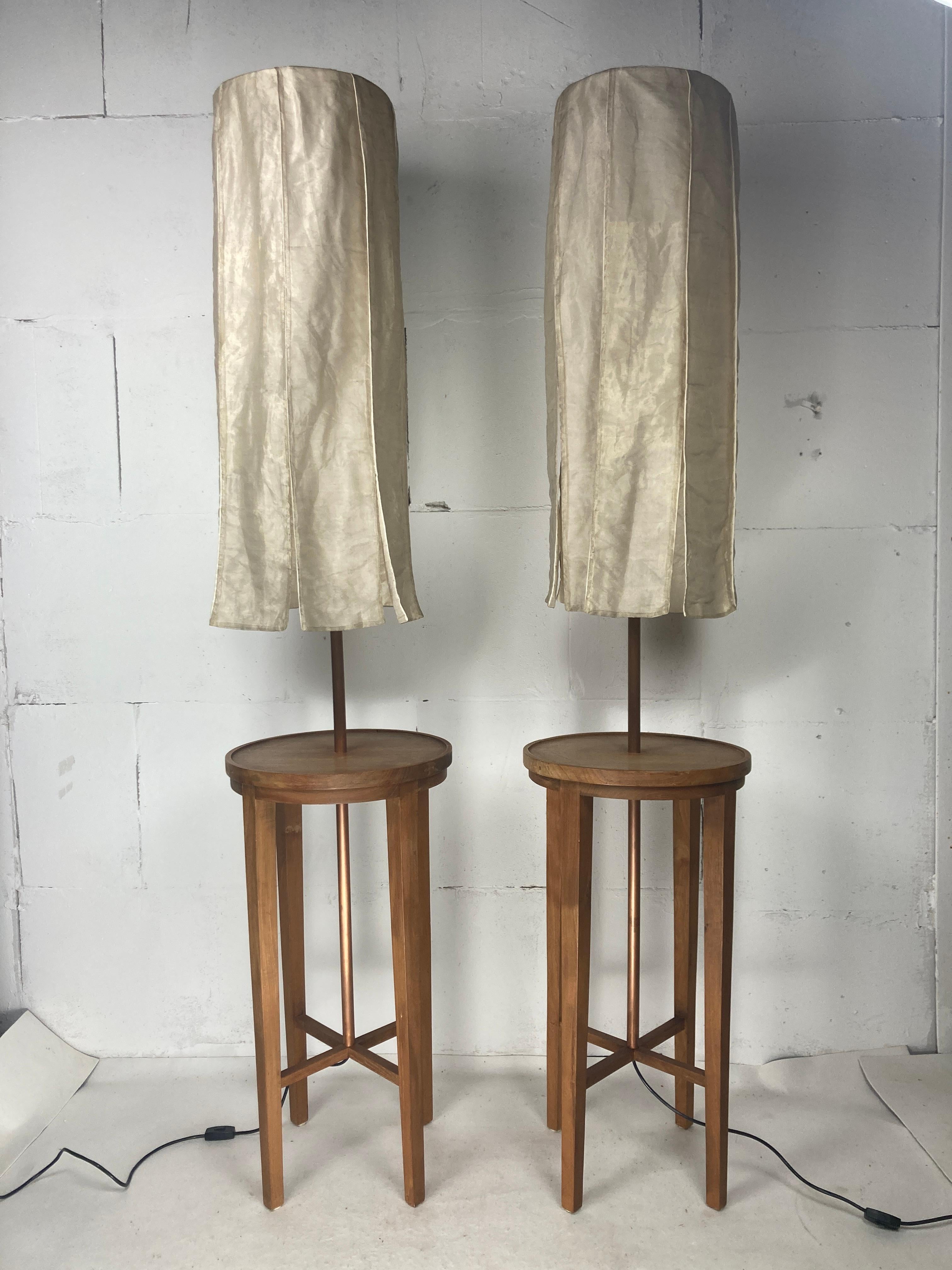 Pair Dutch teak and copper floor lamps, silk shades, by Jan des Bouvrie For Sale 13