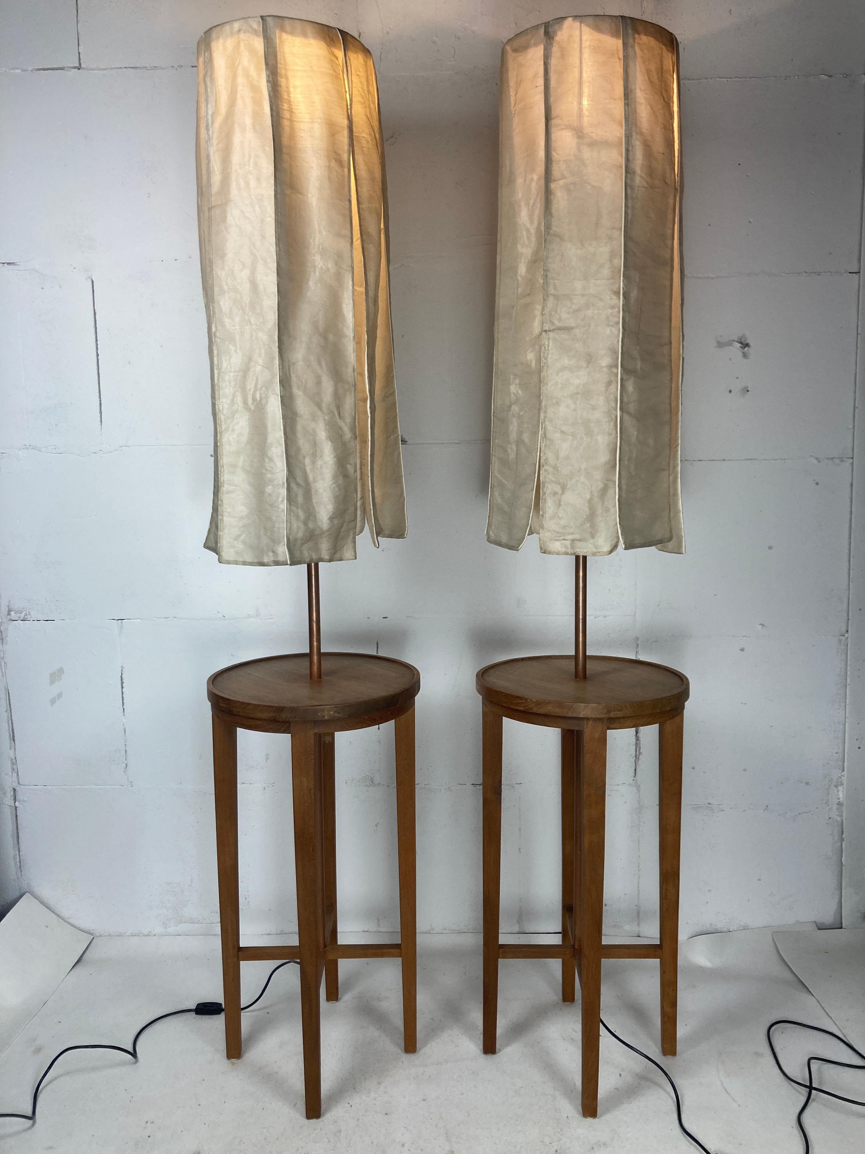 Late 20th Century Pair Dutch teak and copper floor lamps, silk shades, by Jan des Bouvrie For Sale