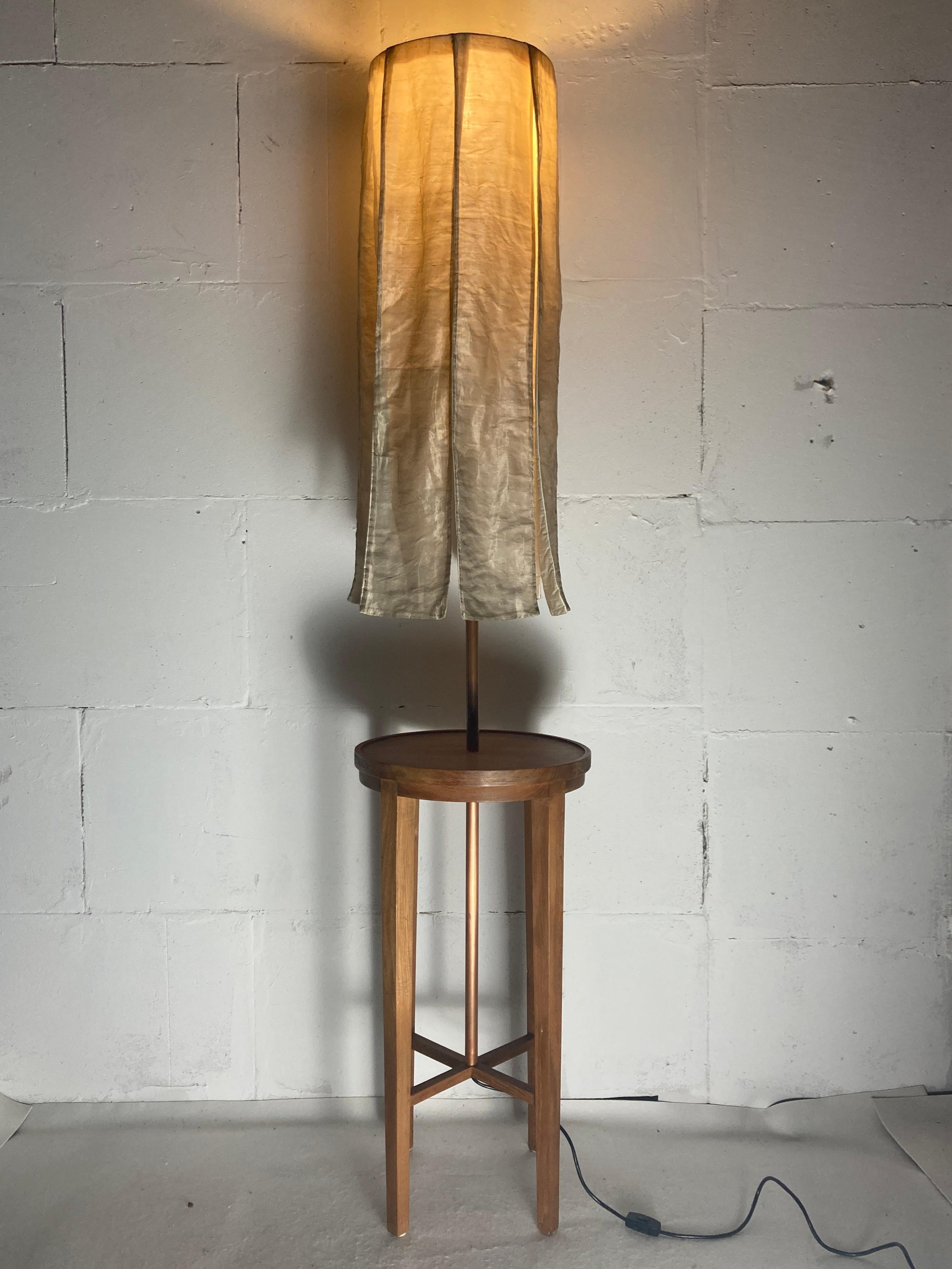 Pair Dutch teak and copper floor lamps, silk shades, by Jan des Bouvrie For Sale 1