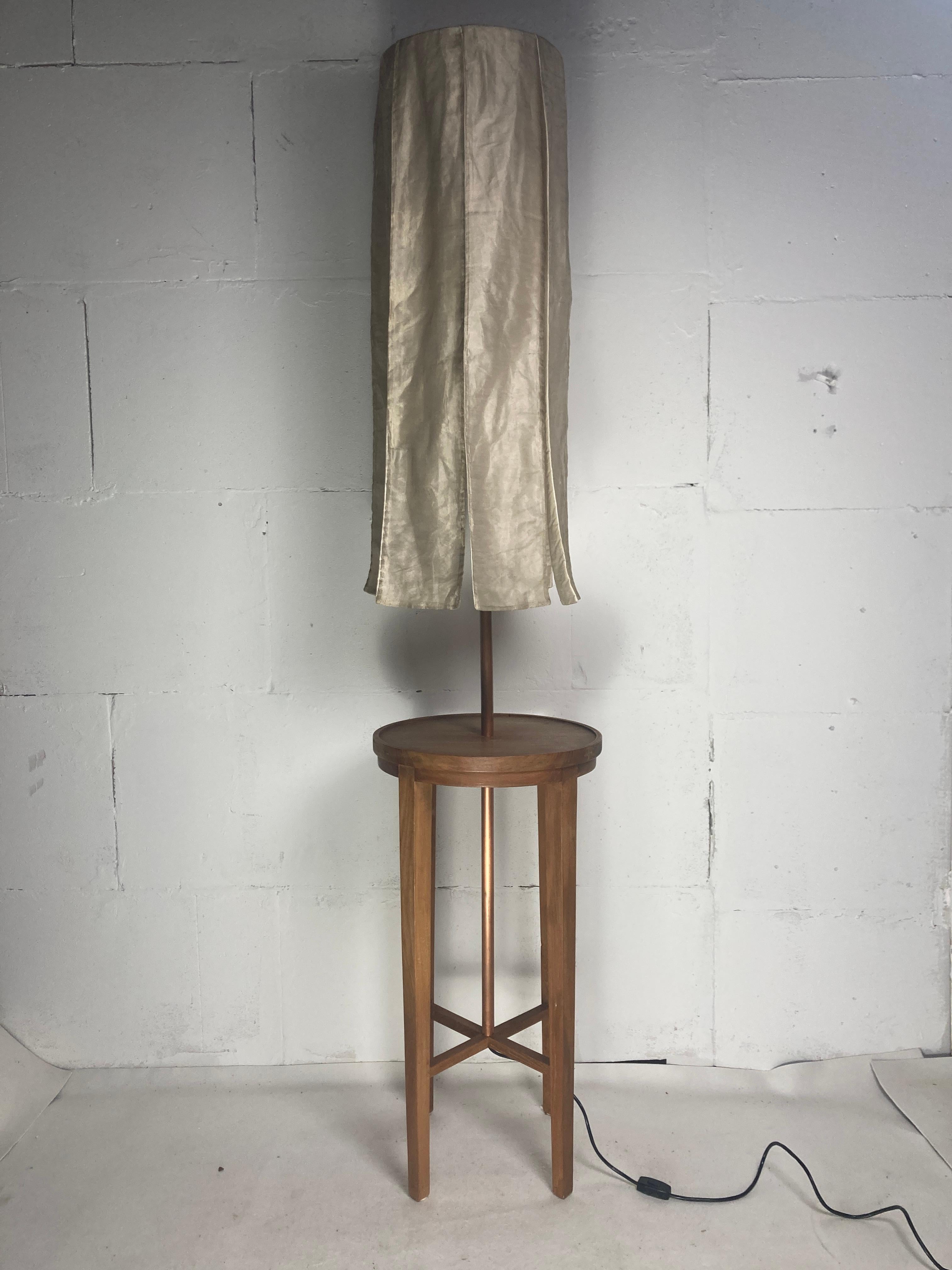 Pair Dutch teak and copper floor lamps, silk shades, by Jan des Bouvrie For Sale 2