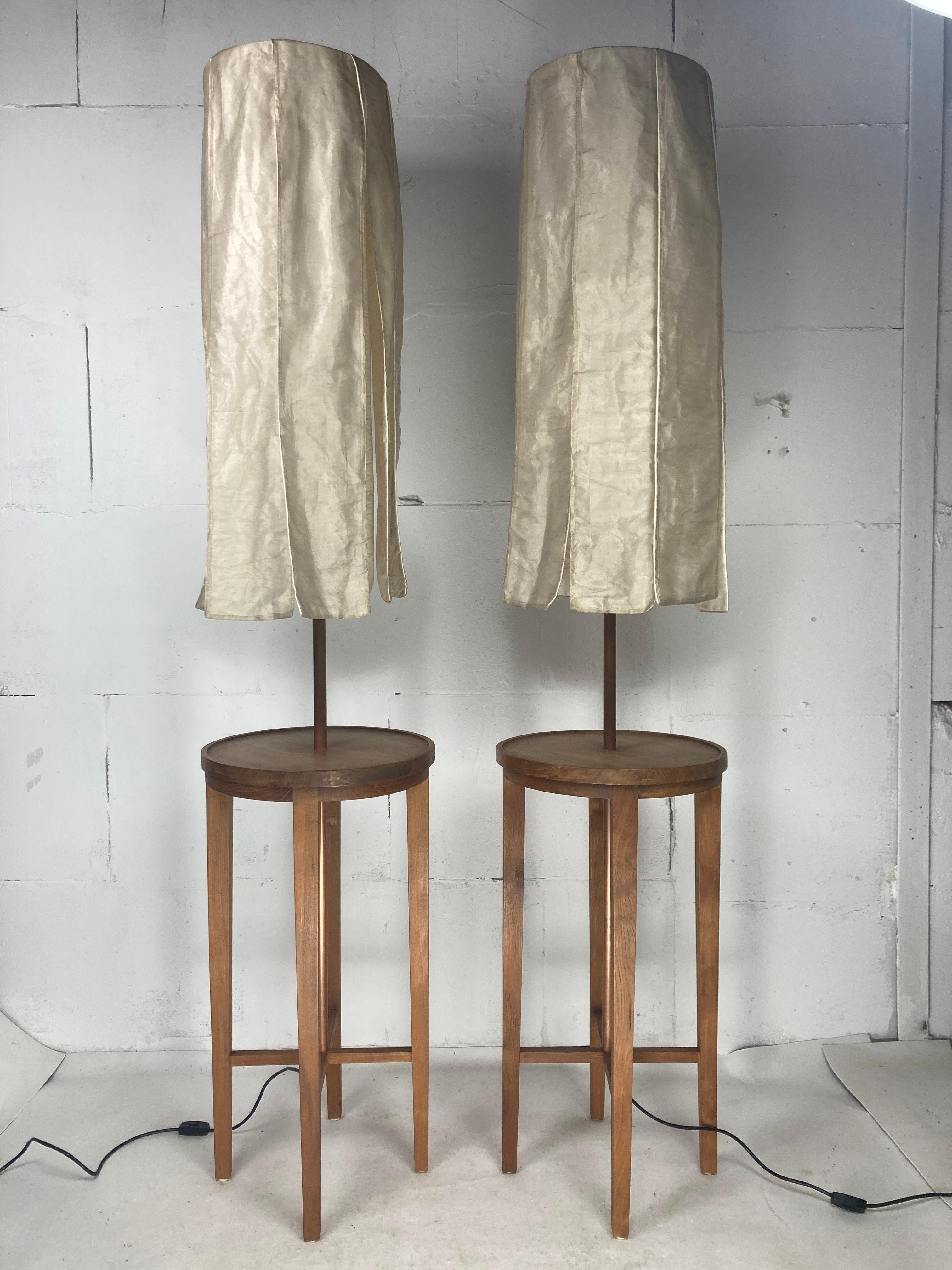 Pair Dutch teak and copper floor lamps, silk shades, by Jan des Bouvrie For Sale 3