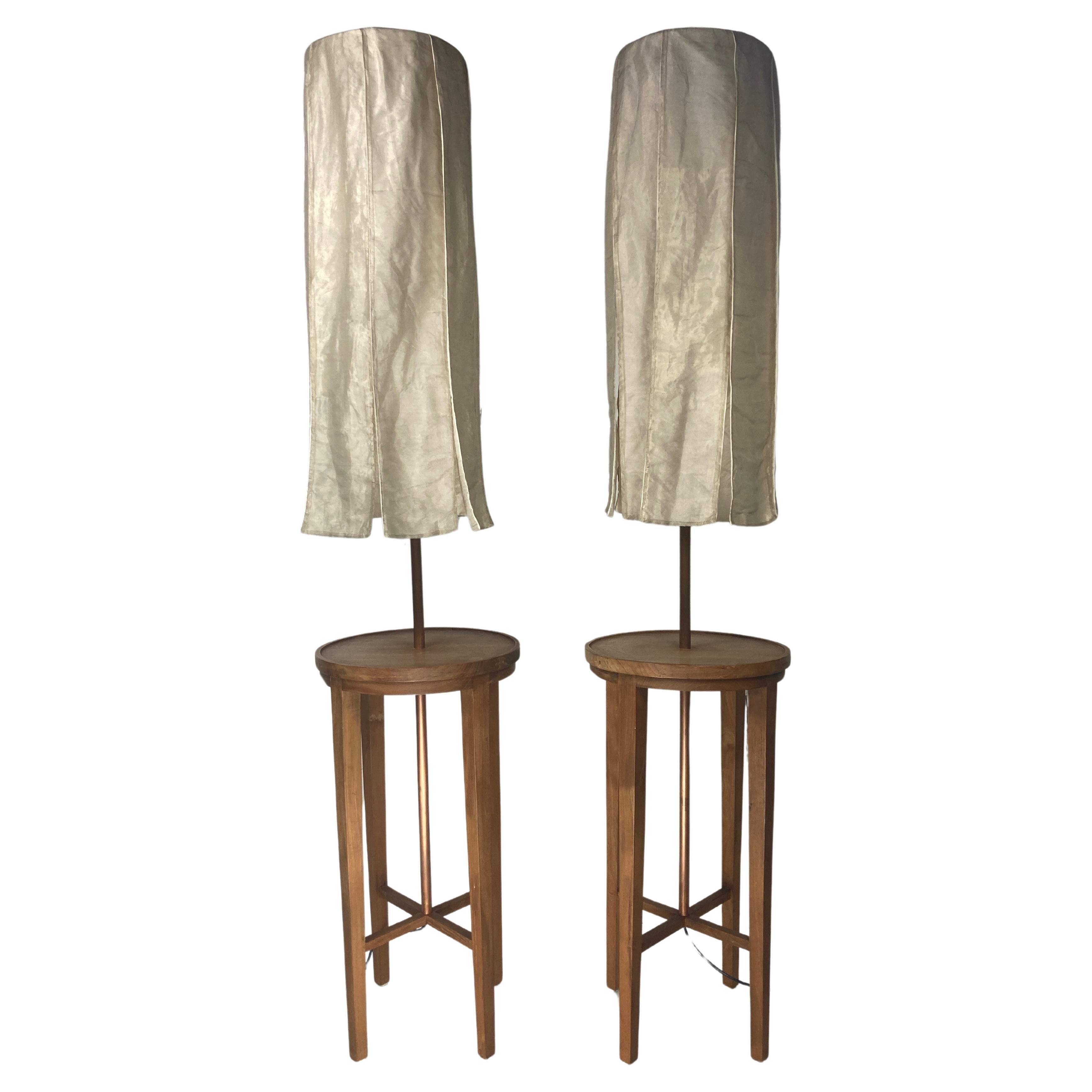 Pair Dutch teak and copper floor lamps, silk shades, by Jan des Bouvrie
