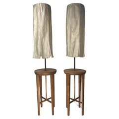 Retro Pair Dutch teak and copper floor lamps, silk shades, by Jan des Bouvrie