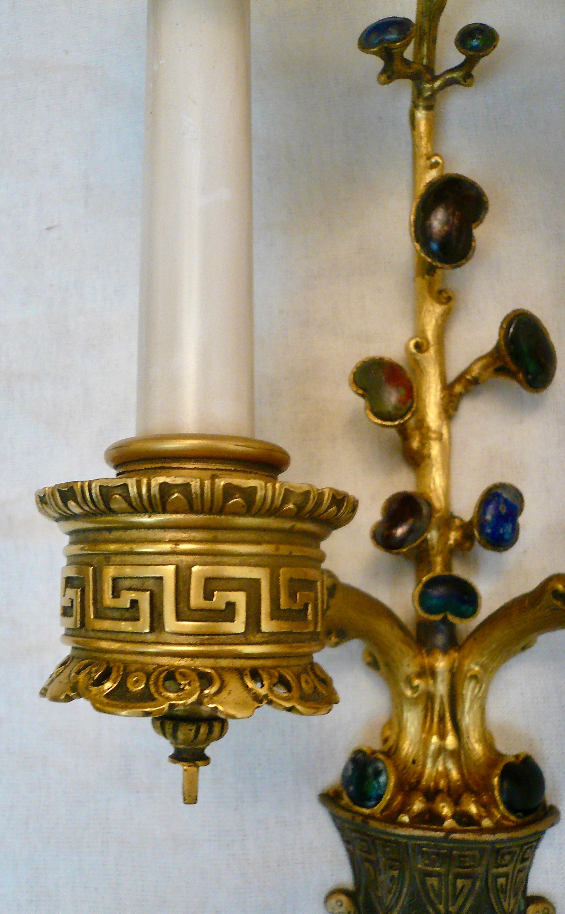 Gilt Pair E F Caldwell Bronze and Semi-Precious Stone Chinese Style Sconces For Sale
