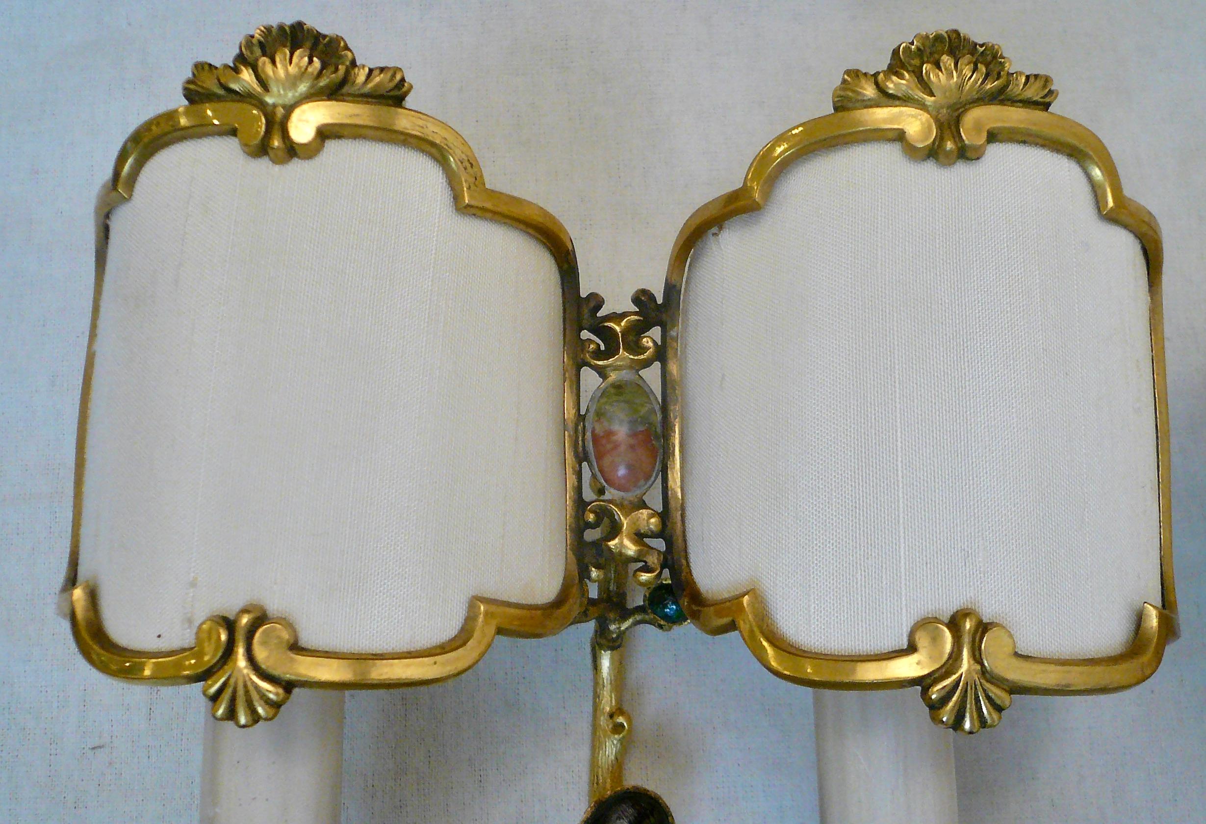 Pair E F Caldwell Bronze and Semi-Precious Stone Chinese Style Sconces In Good Condition For Sale In Pittsburgh, PA