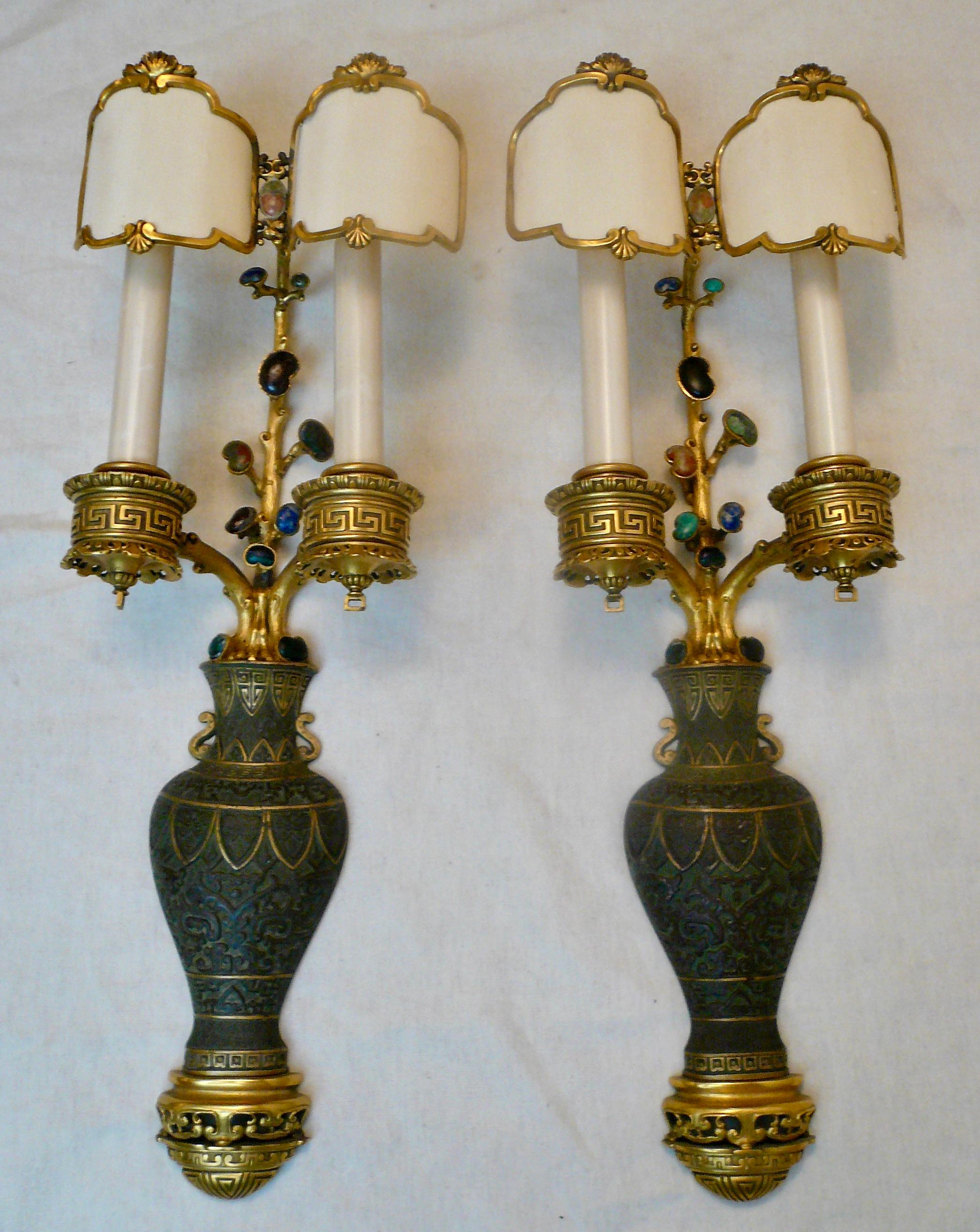 20th Century Pair E F Caldwell Bronze and Semi-Precious Stone Chinese Style Sconces For Sale