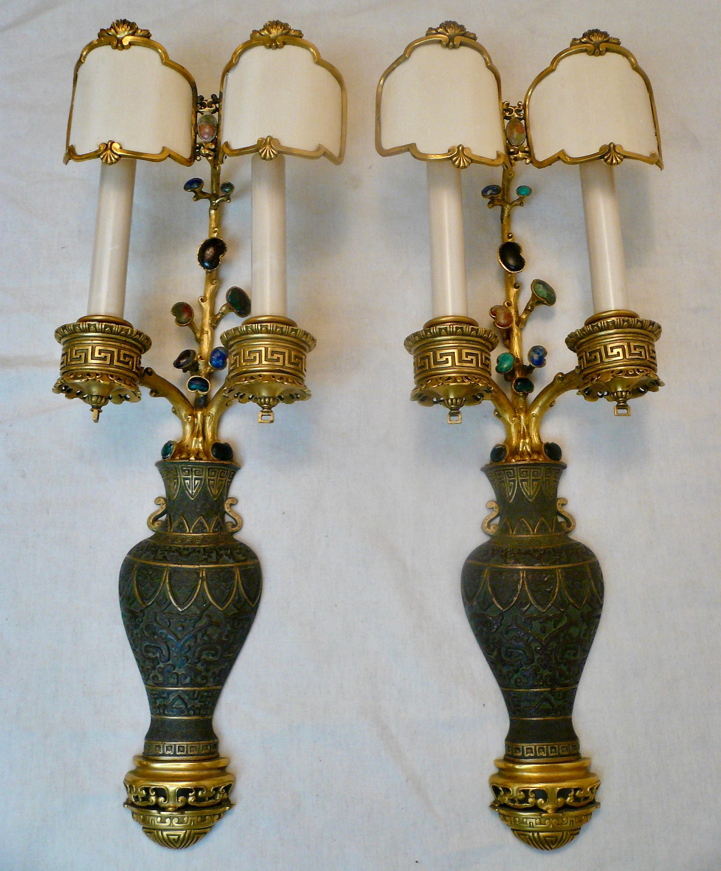 Pair E F Caldwell Bronze and Semi-Precious Stone Chinese Style Sconces For Sale 1