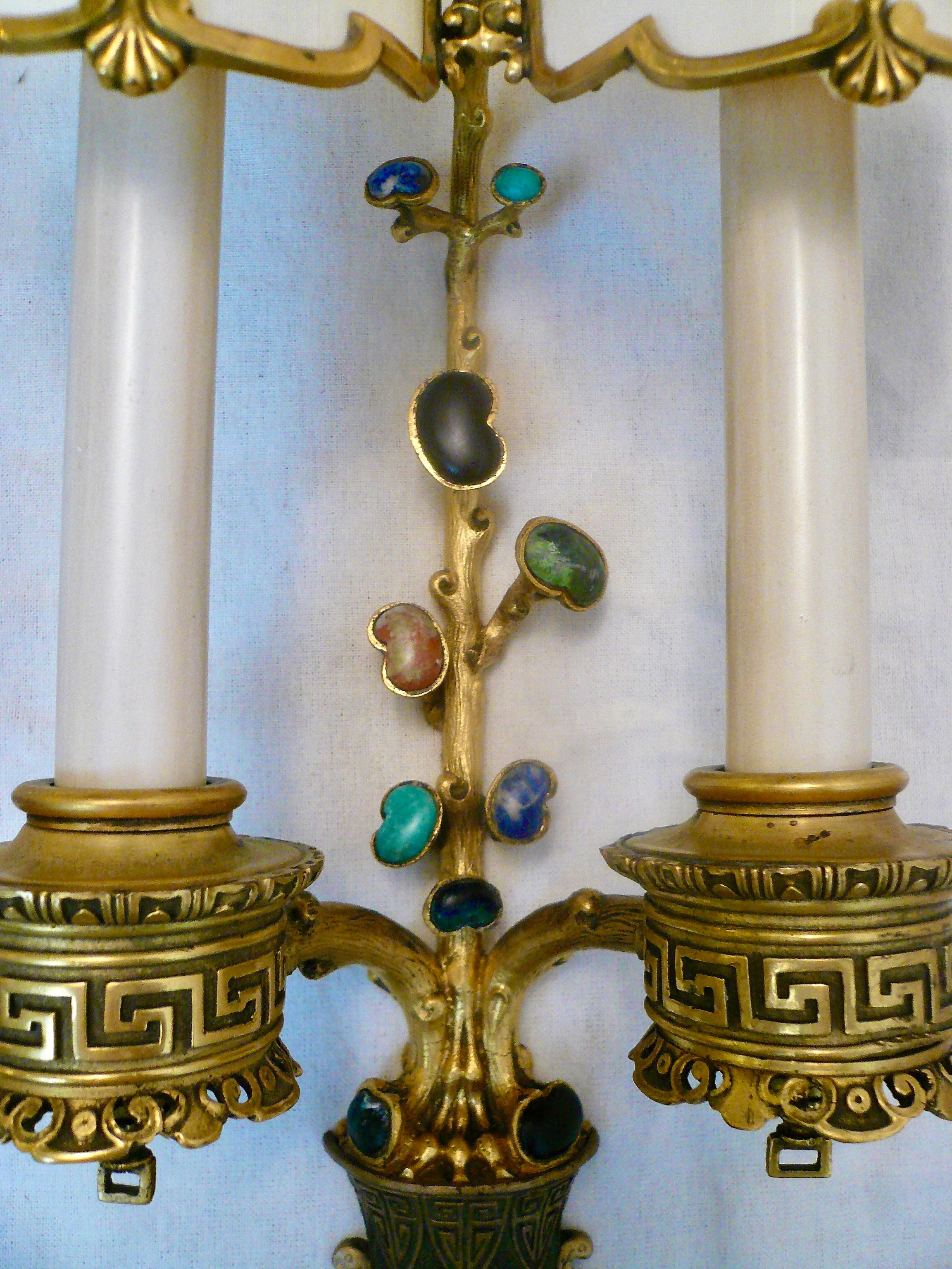 Pair E F Caldwell Bronze and Semi-Precious Stone Chinese Style Sconces For Sale 2