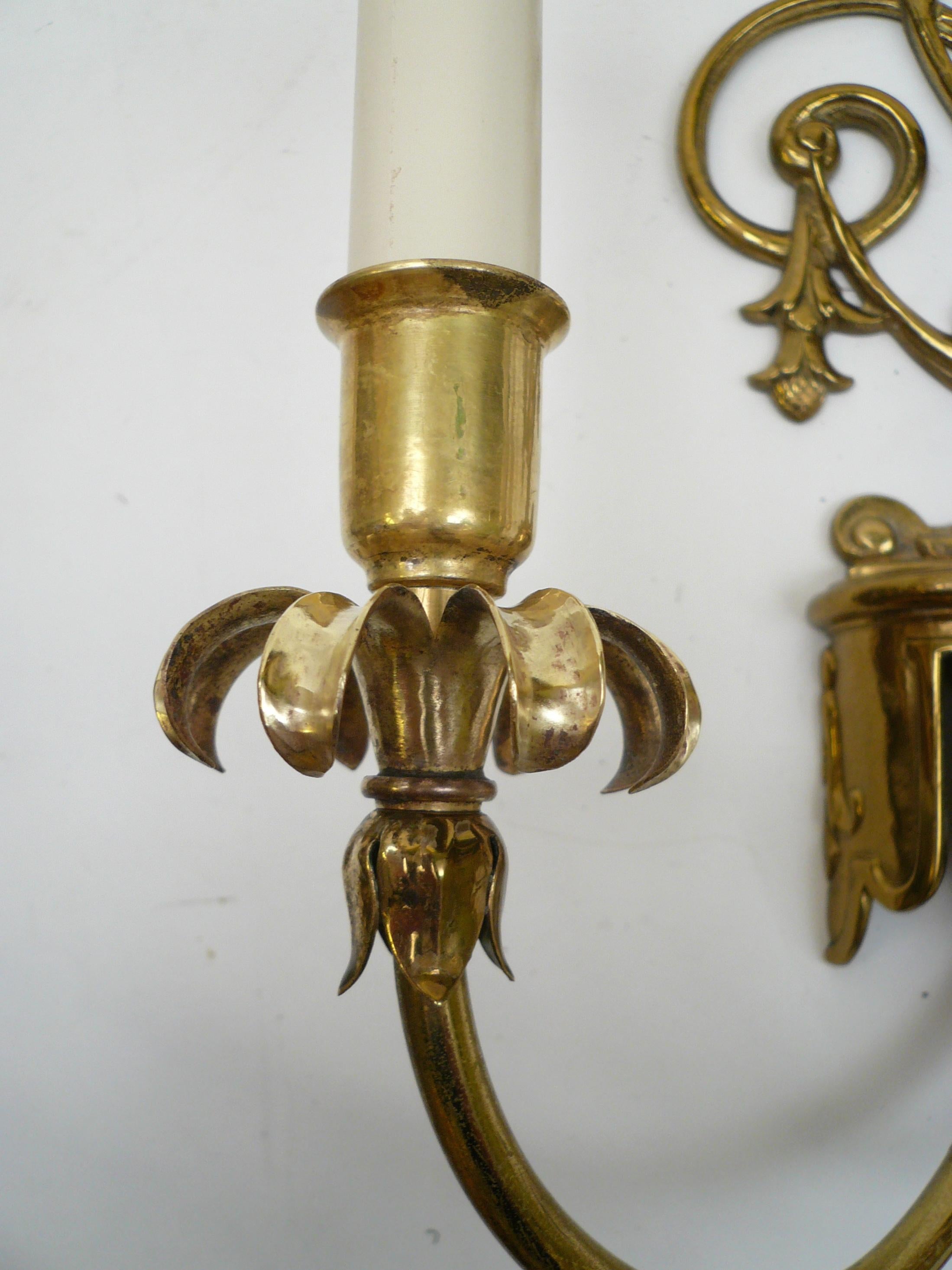 Brass Pair E. F. Caldwell Classical Style Two Light Sconces