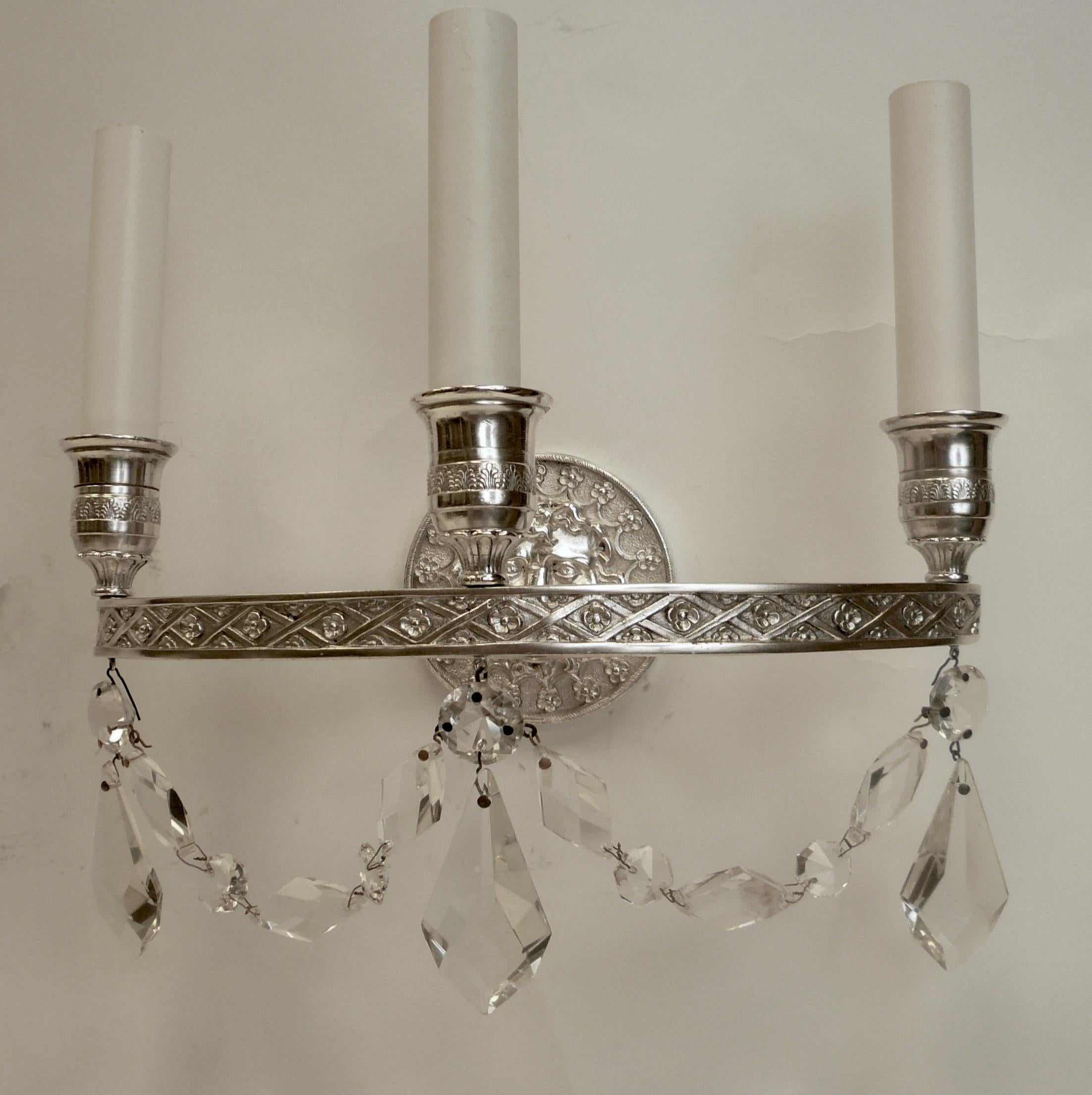 Pair of E. F. Caldwell Empire Style Silvered Bronze Three-Light Sconces For Sale 5