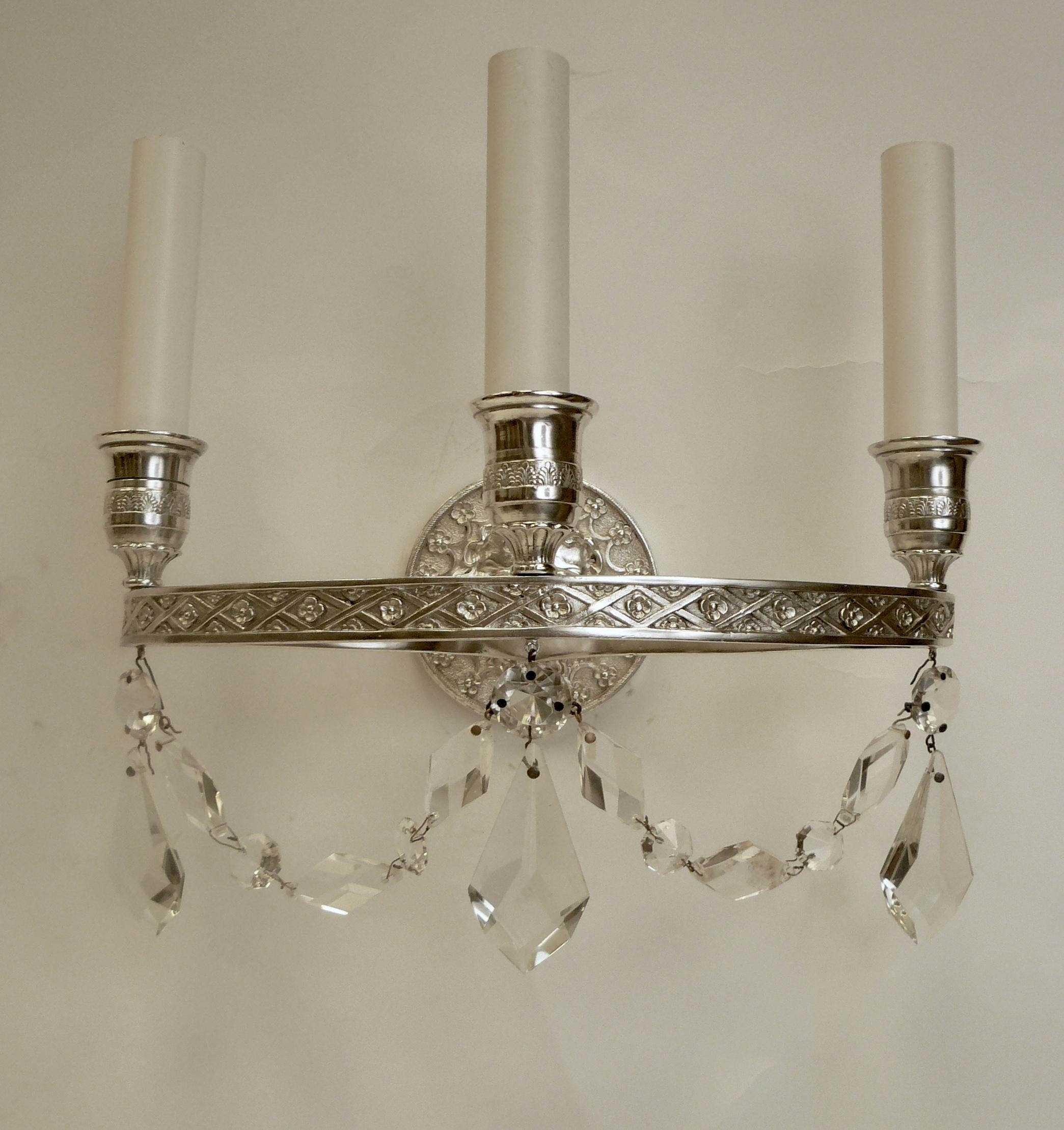 Pair of E. F. Caldwell Empire Style Silvered Bronze Three-Light Sconces For Sale 7