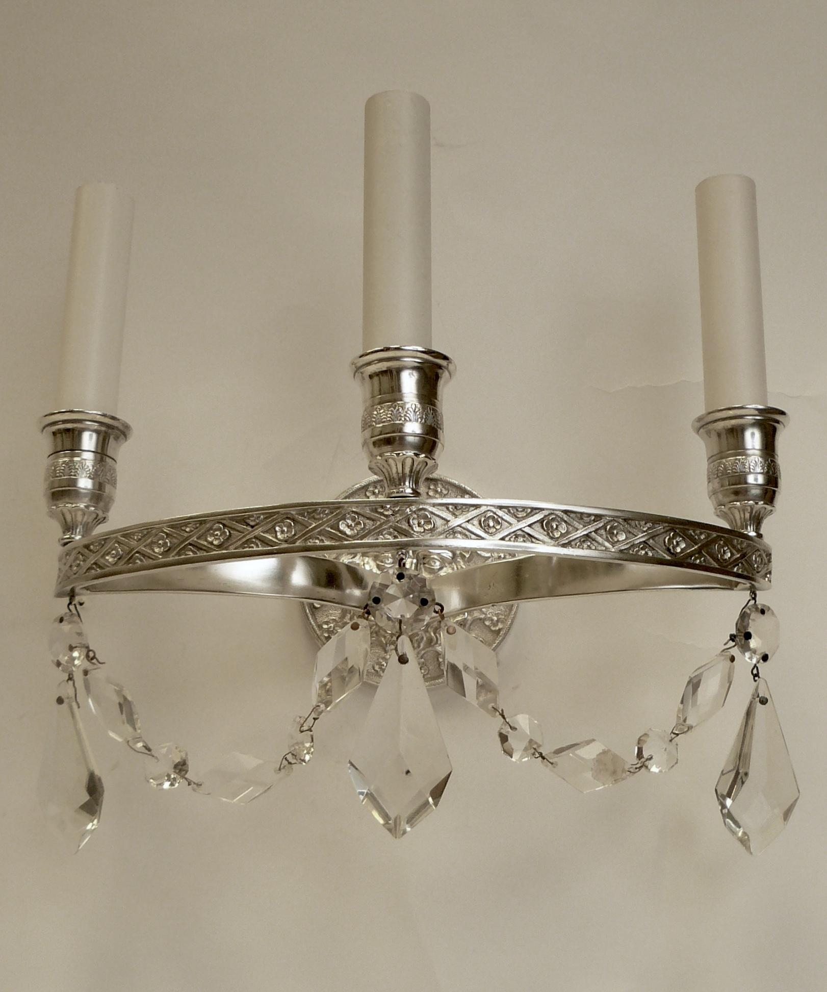 Pair of E. F. Caldwell Empire Style Silvered Bronze Three-Light Sconces For Sale 3