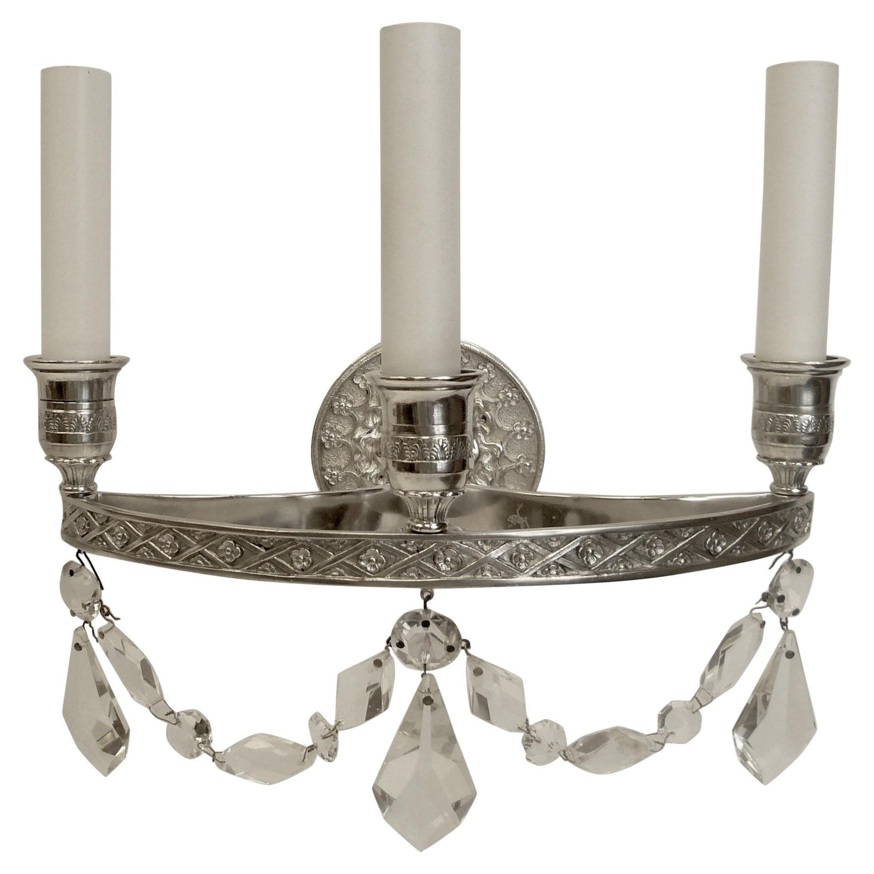 Pair of E. F. Caldwell Empire Style Silvered Bronze Three-Light Sconces For Sale
