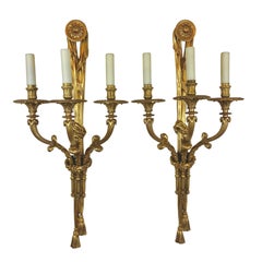 Pair E. F. Caldwell Gilt Bronze 3 Arm Louis XVI Style Sconces