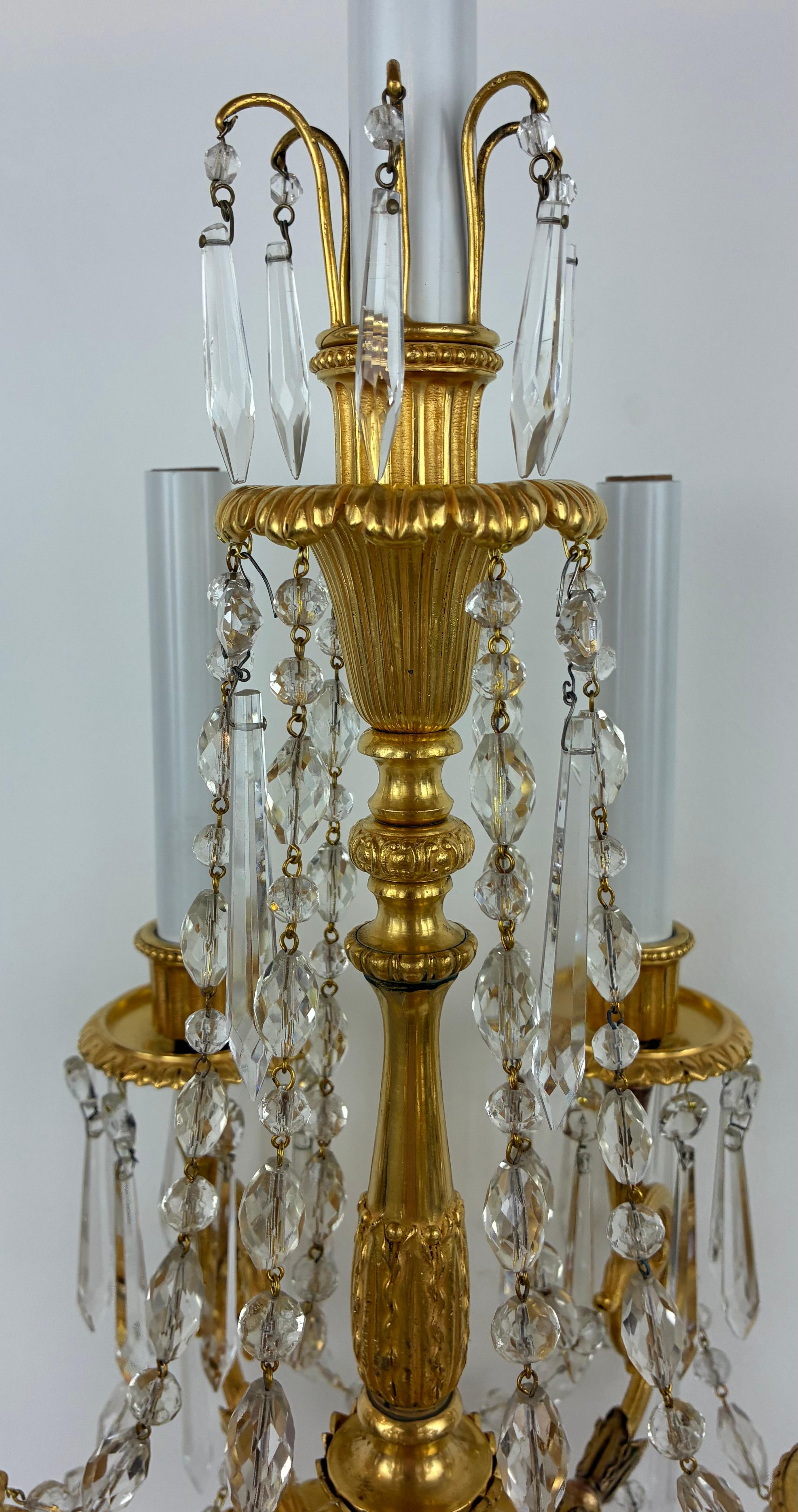 Adam Style Pair E. F. Caldwell Gilt Bronze and Crystal Girandole form Candelabra For Sale