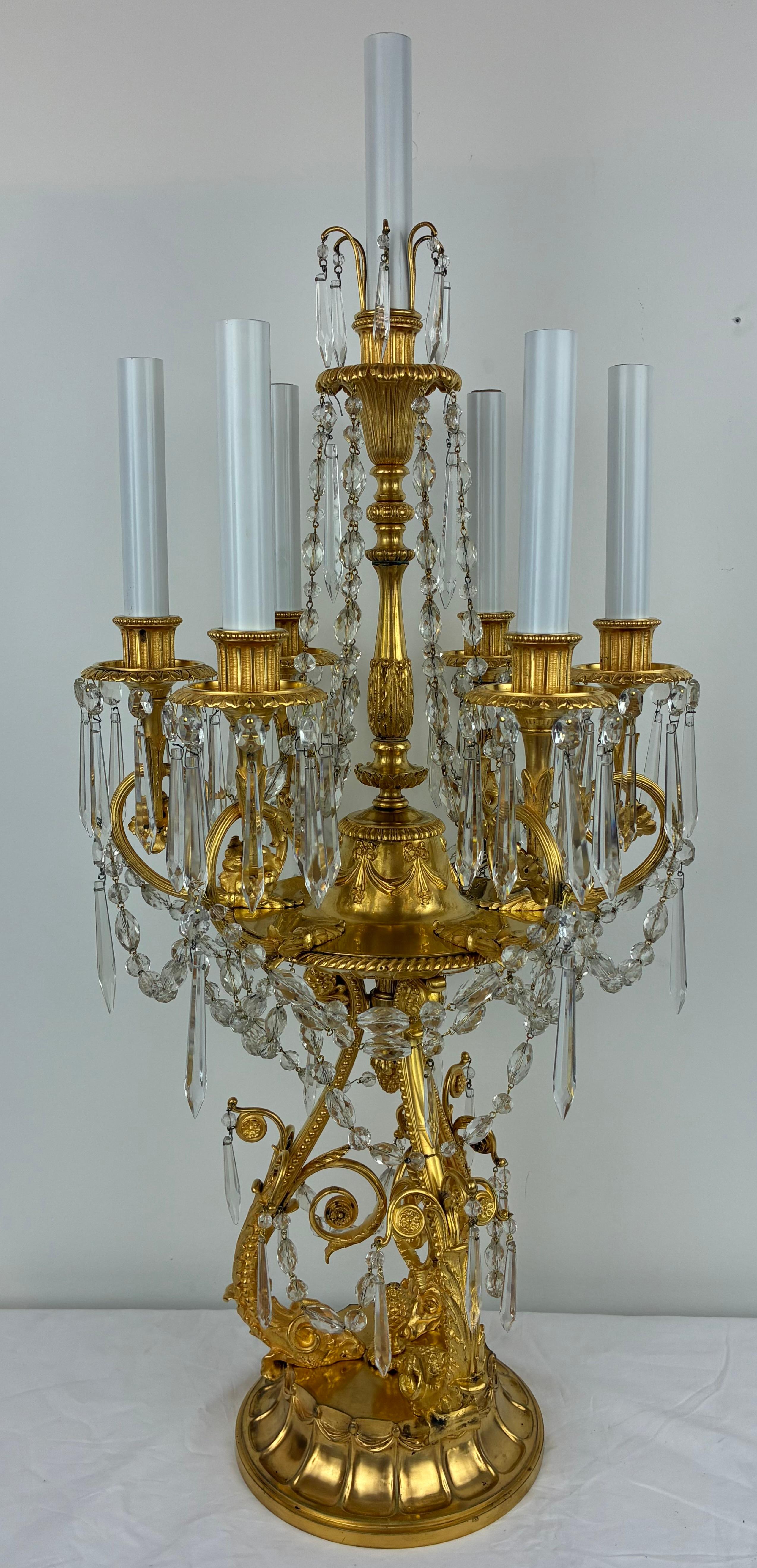 Pair E. F. Caldwell Gilt Bronze and Crystal Girandole form Candelabra In Good Condition For Sale In Pittsburgh, PA