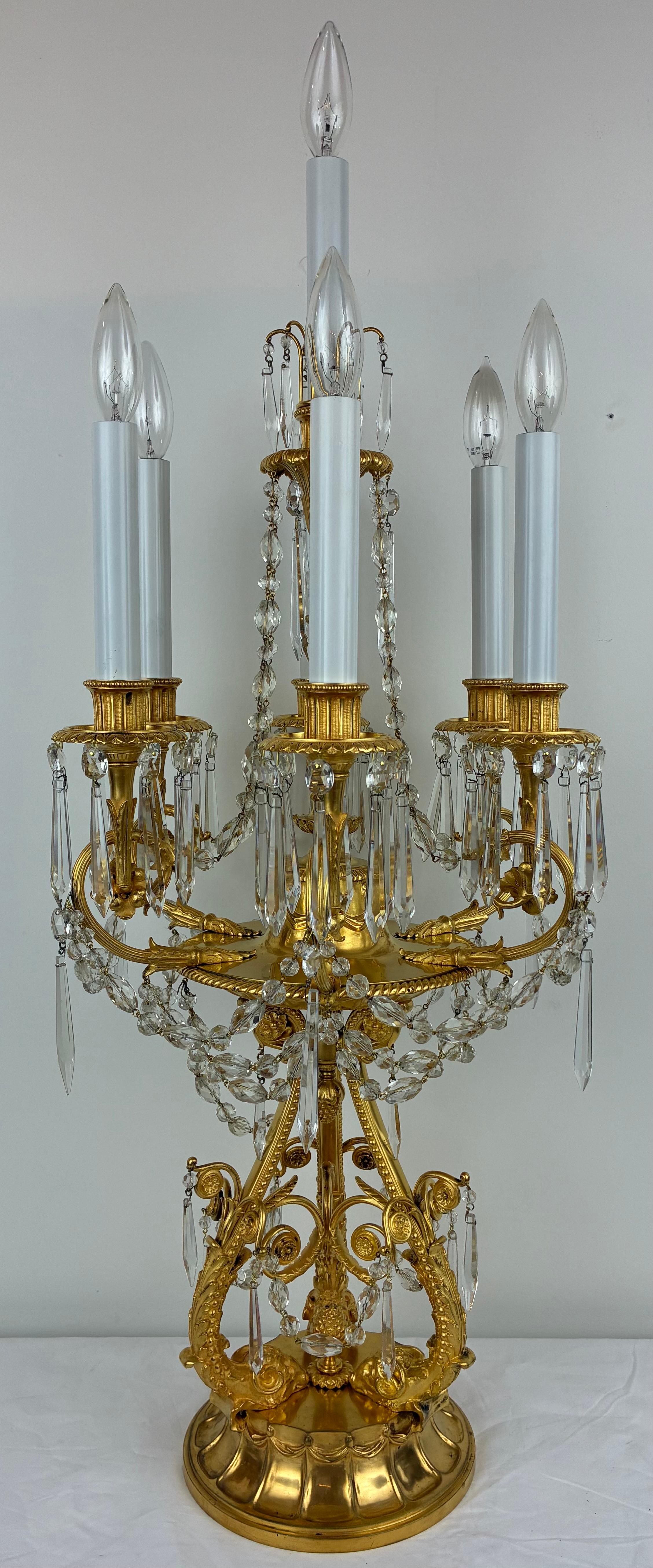 20th Century Pair E. F. Caldwell Gilt Bronze and Crystal Girandole form Candelabra For Sale