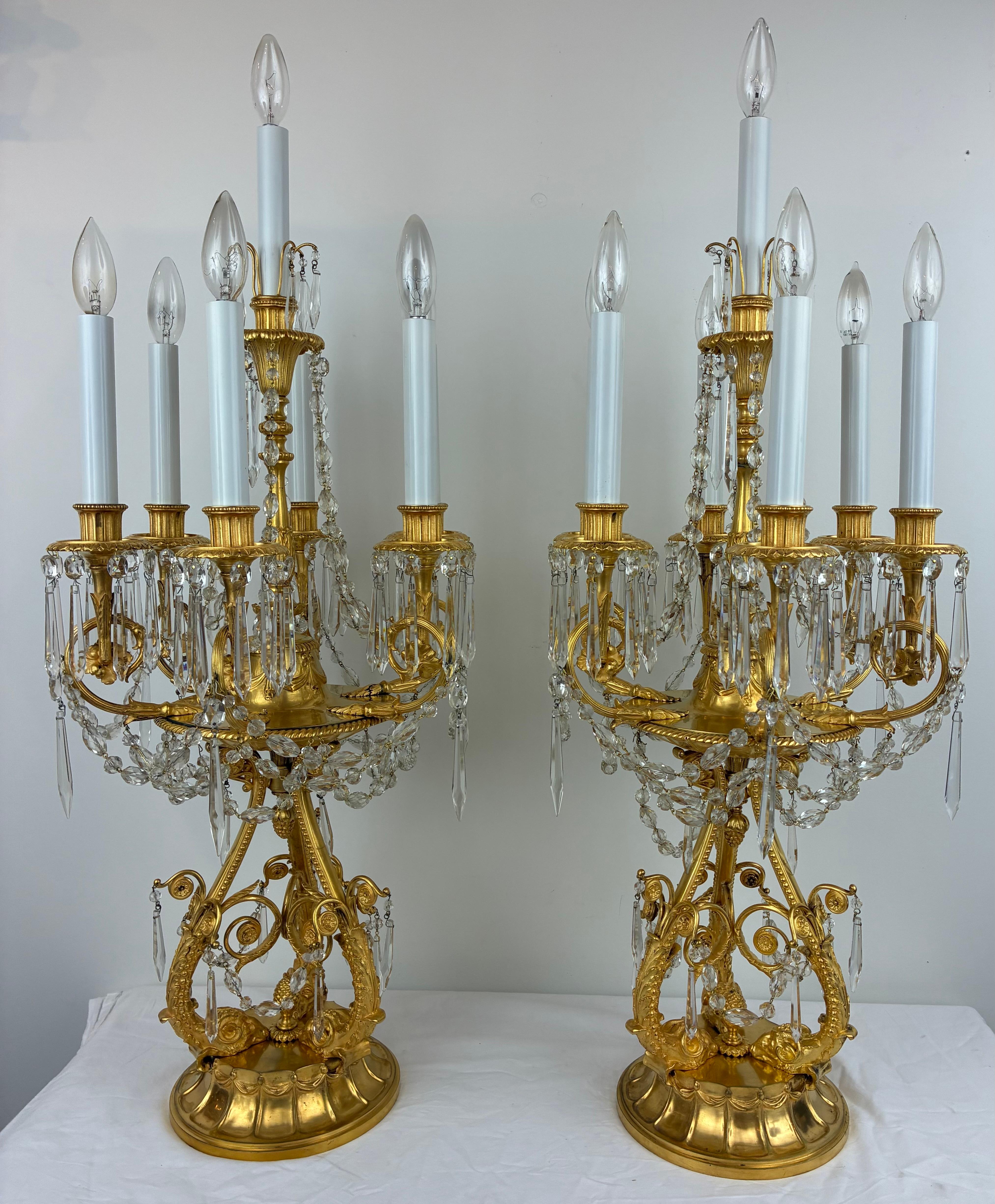 Pair E. F. Caldwell Gilt Bronze and Crystal Girandole form Candelabra For Sale 1