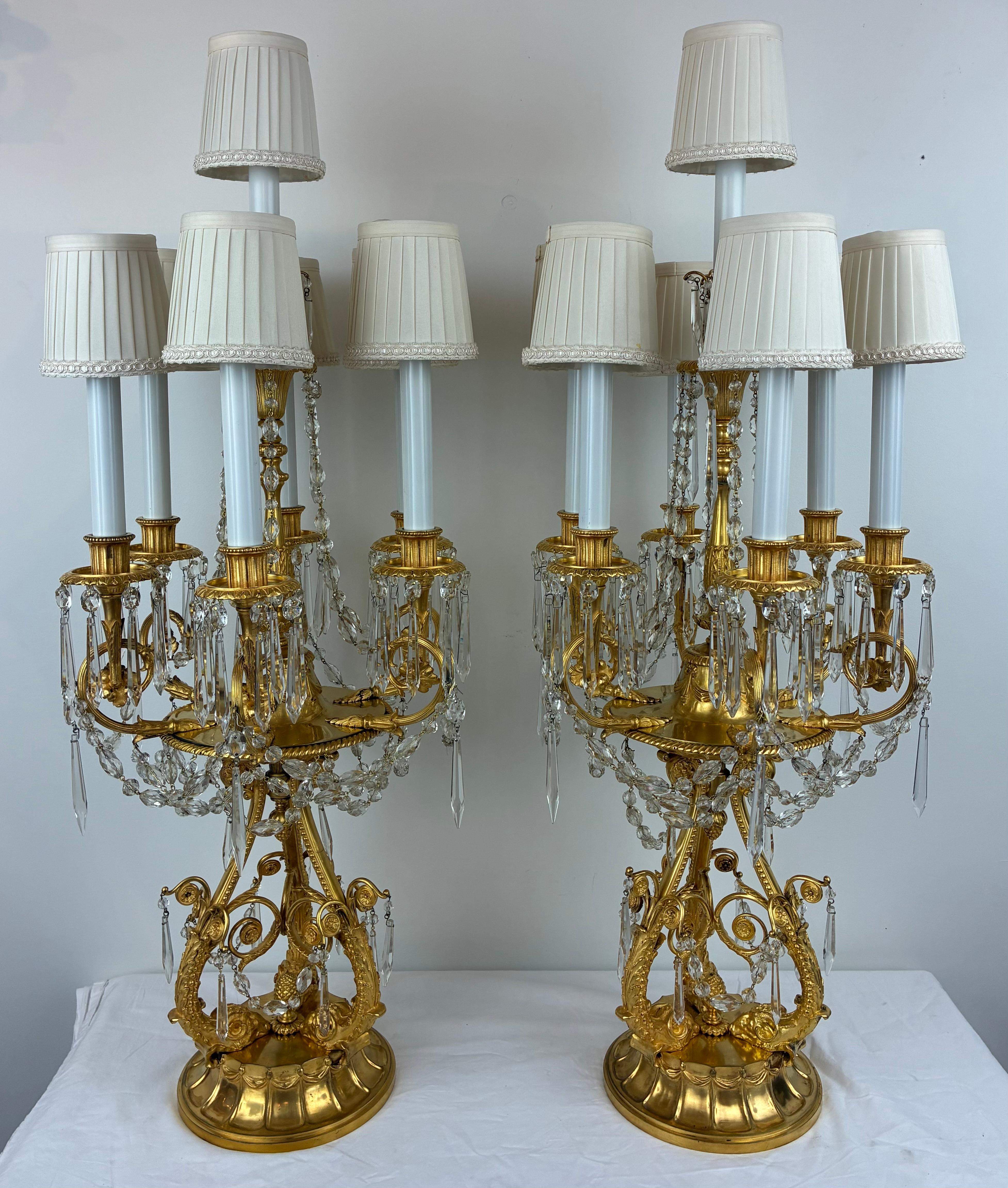 Pair E. F. Caldwell Gilt Bronze and Crystal Girandole form Candelabra For Sale 3