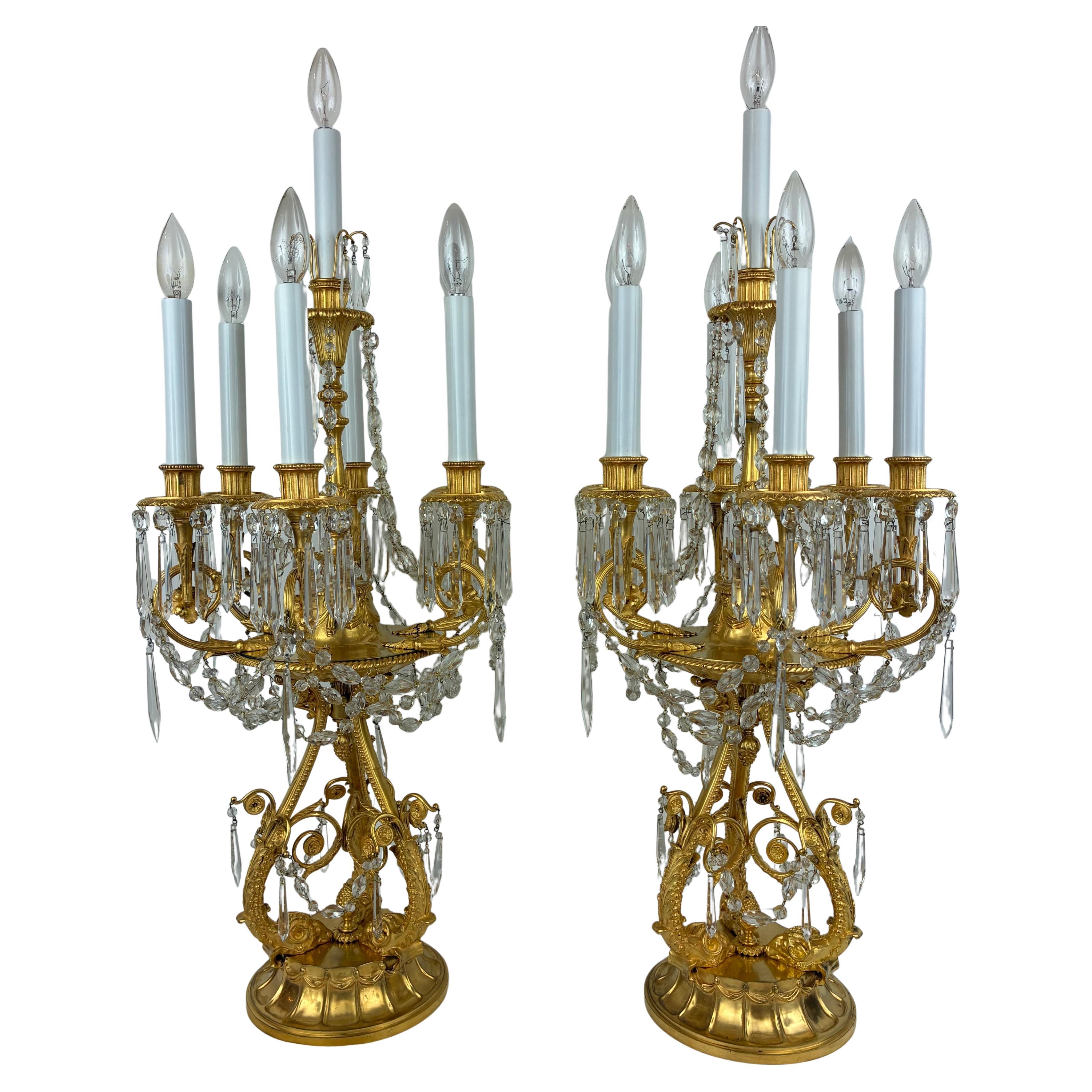 Pair E. F. Caldwell Gilt Bronze and Crystal Girandole form Candelabra For Sale