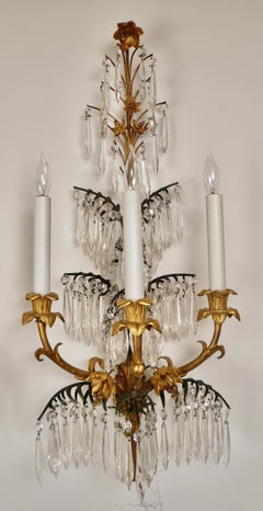 Pair E. F. Caldwell Gilt Bronze and Crystal Palm Leaf Sconces