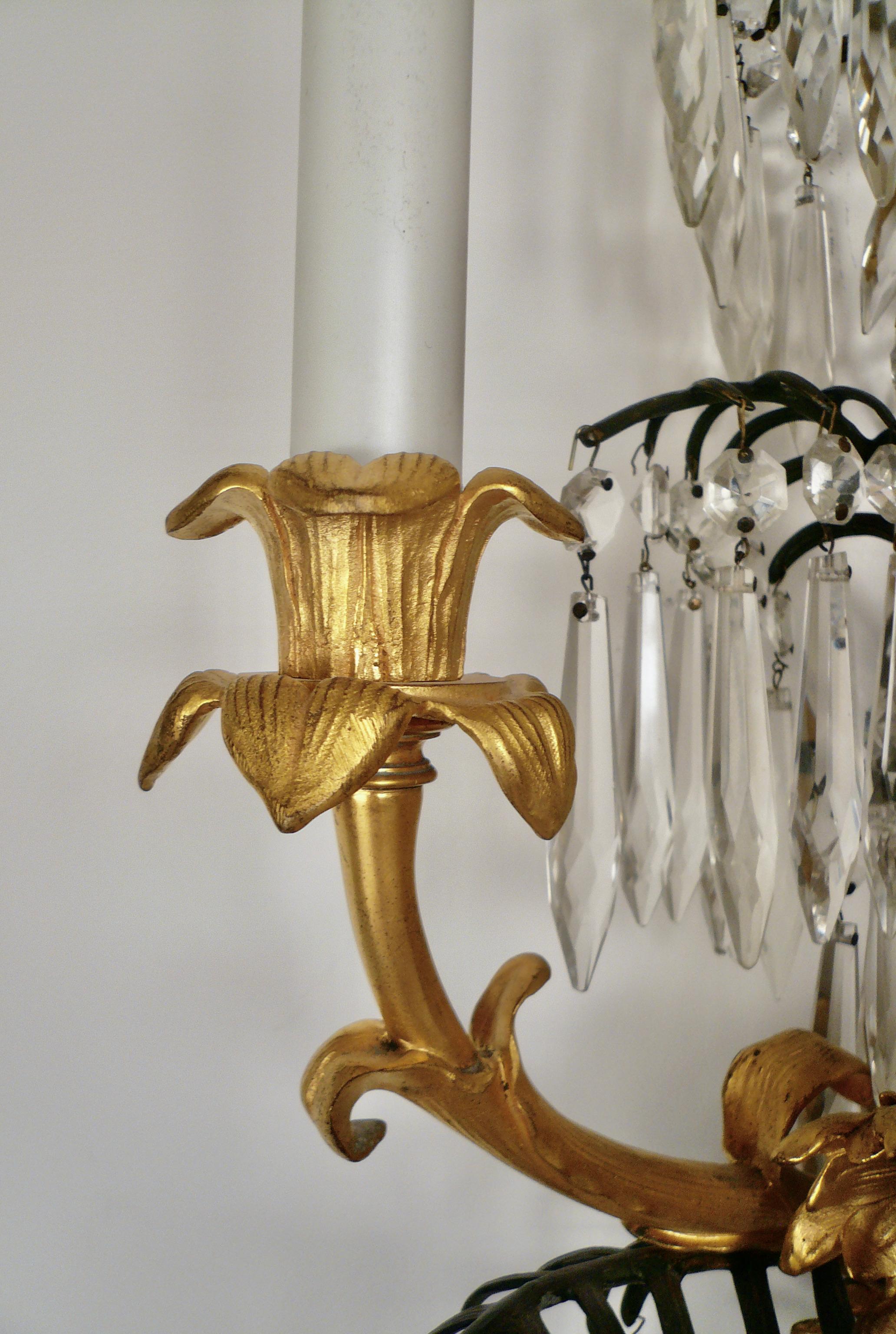 19th Century Pair E. F. Caldwell Gilt Bronze and Crystal Palm Leaf Sconces For Sale