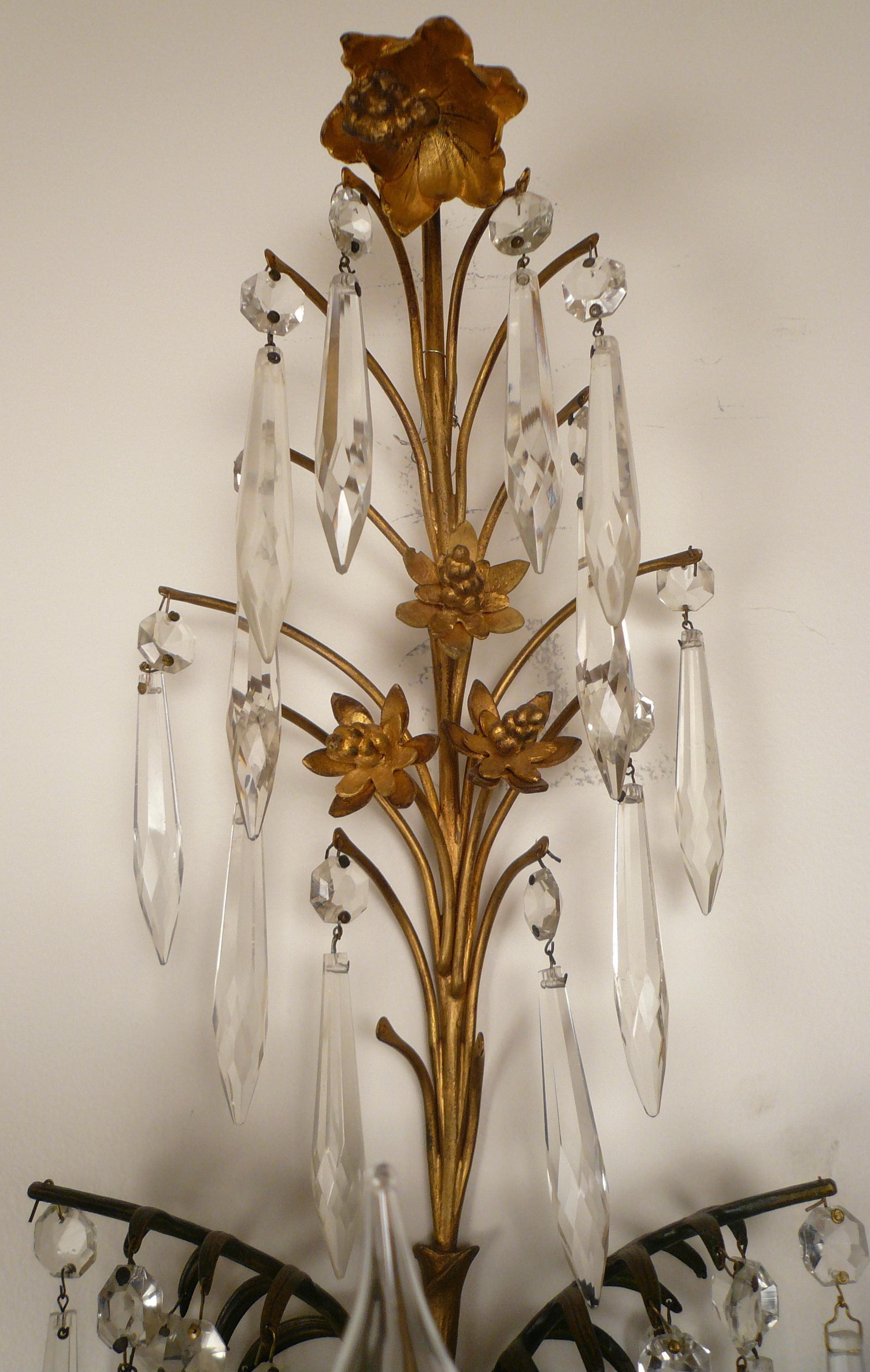 Pair E. F. Caldwell Gilt Bronze and Crystal Palm Leaf Sconces For Sale 1