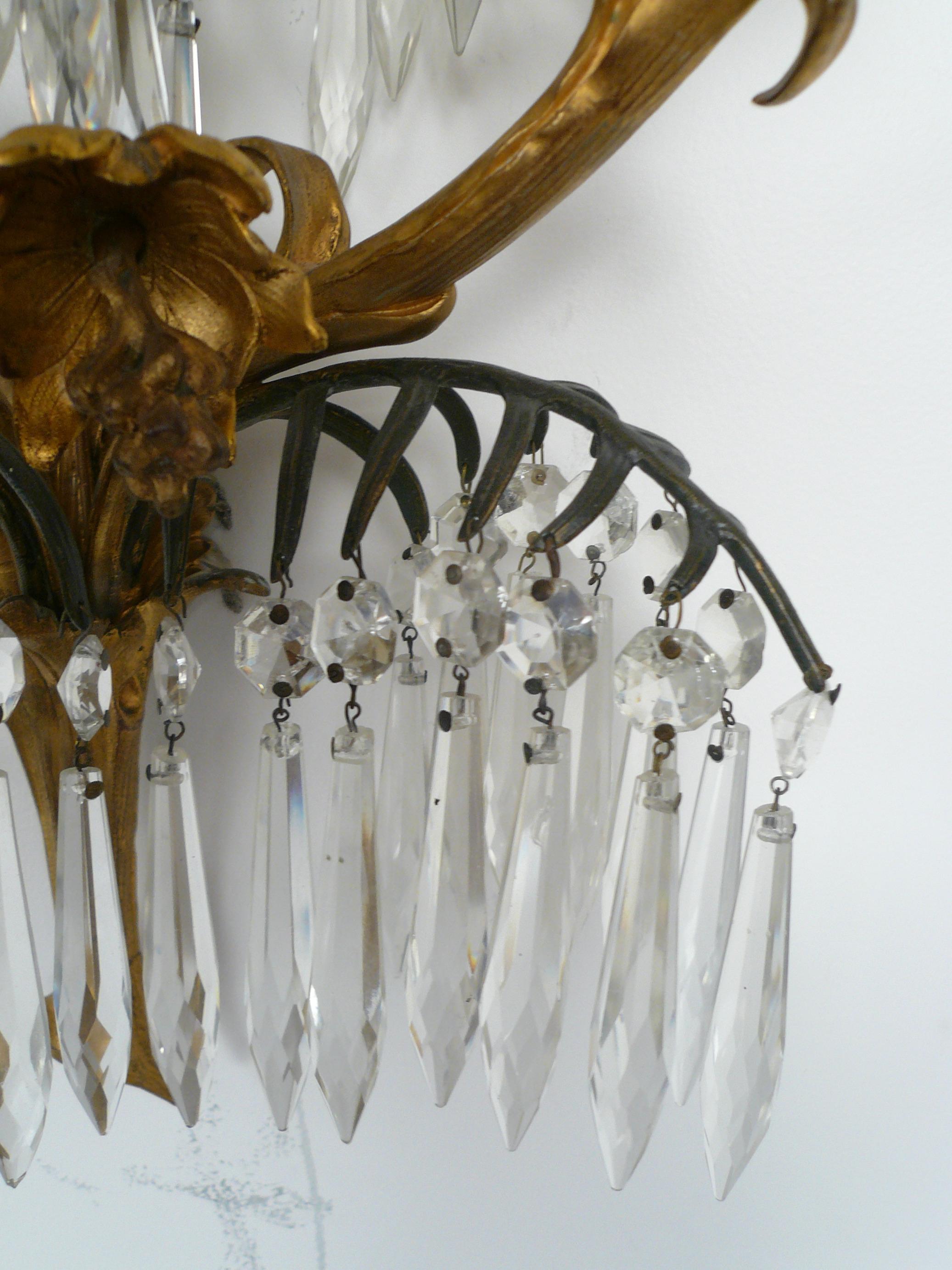 Pair E. F. Caldwell Gilt Bronze and Crystal Palm Leaf Sconces For Sale 3