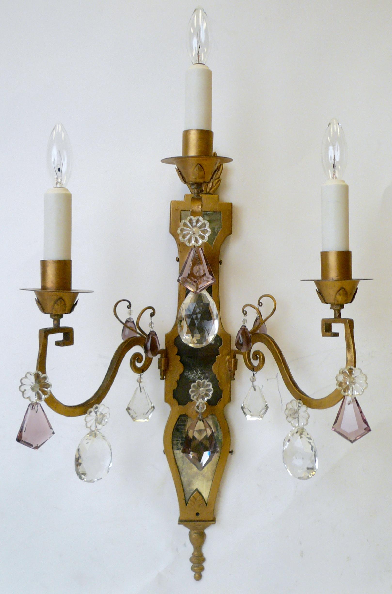 Pair of E. F. Caldwell Gilt Wrought Iron, Mirror and Crystal Sconces For Sale 4