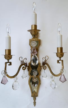 Pair of E. F. Caldwell Gilt Wrought Iron, Mirror and Crystal Sconces