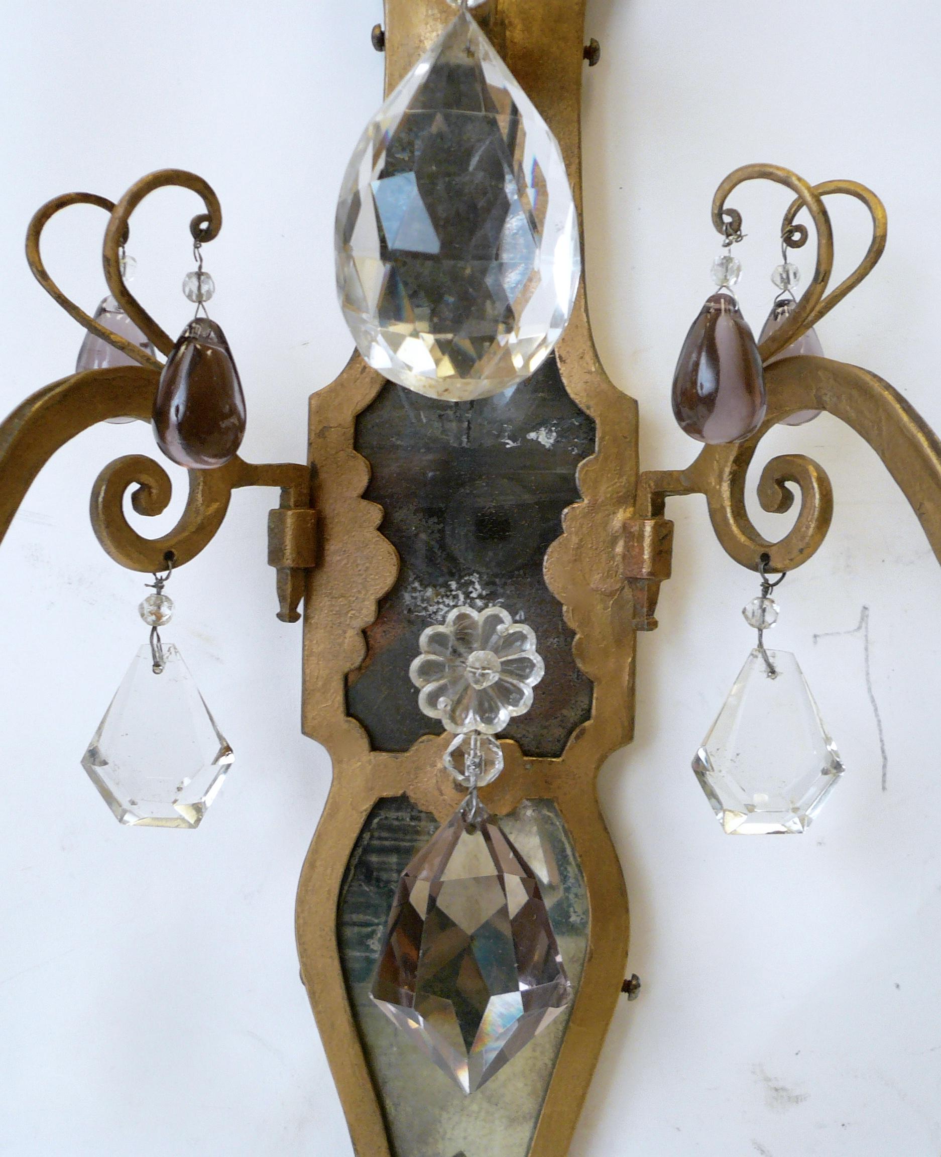 American Pair of E. F. Caldwell Gilt Wrought Iron, Mirror and Crystal Sconces For Sale