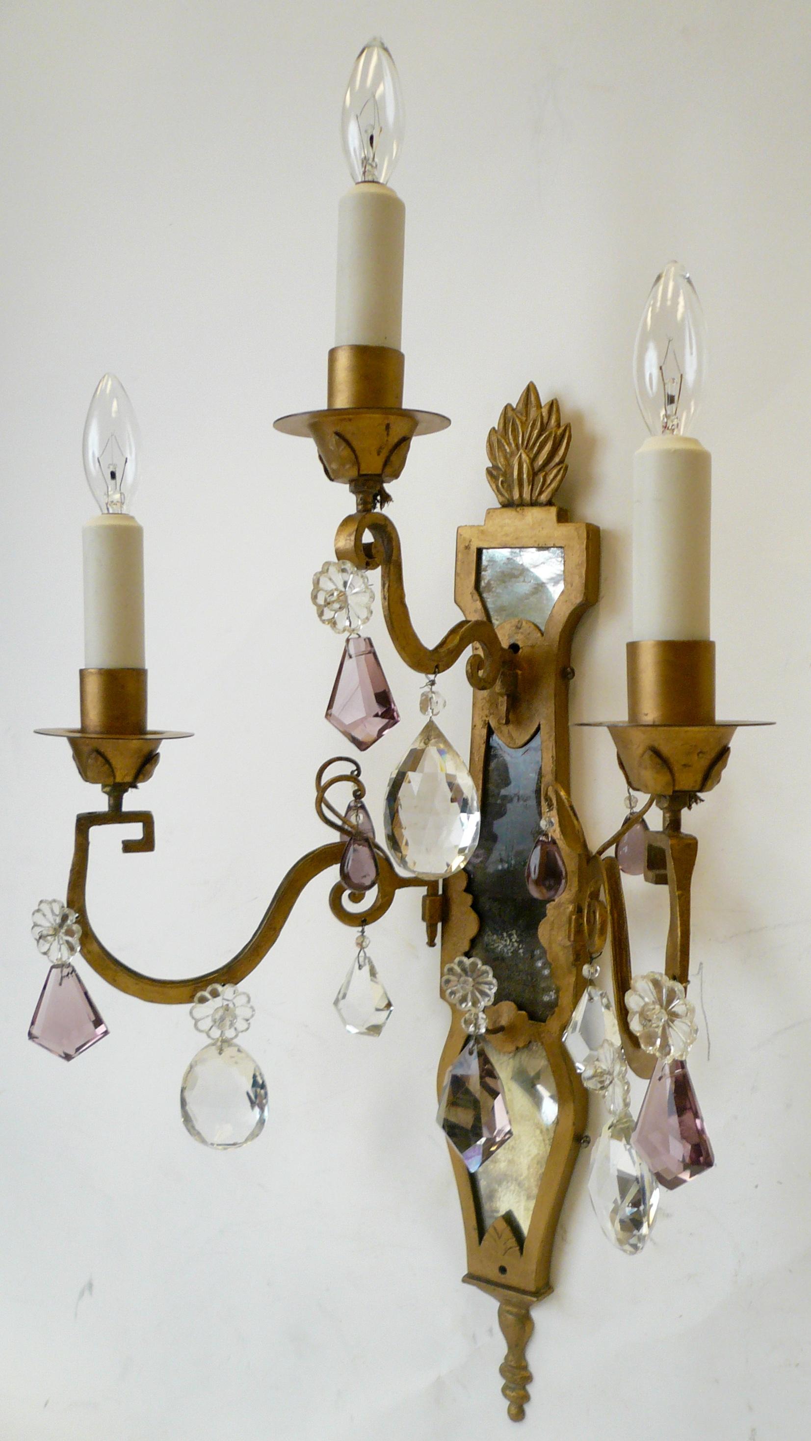 Pair of E. F. Caldwell Gilt Wrought Iron, Mirror and Crystal Sconces In Good Condition For Sale In Pittsburgh, PA