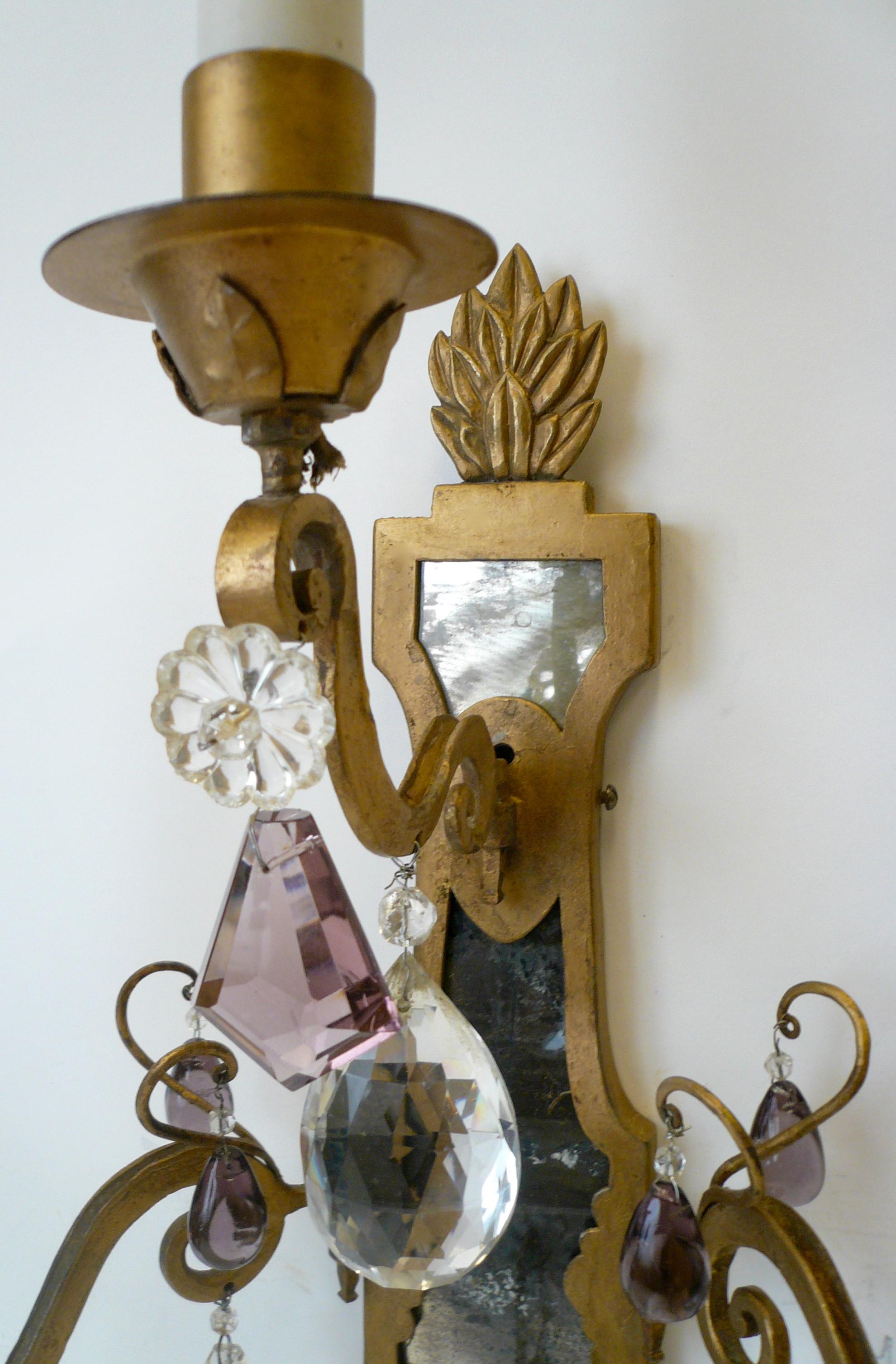 20th Century Pair of E. F. Caldwell Gilt Wrought Iron, Mirror and Crystal Sconces For Sale